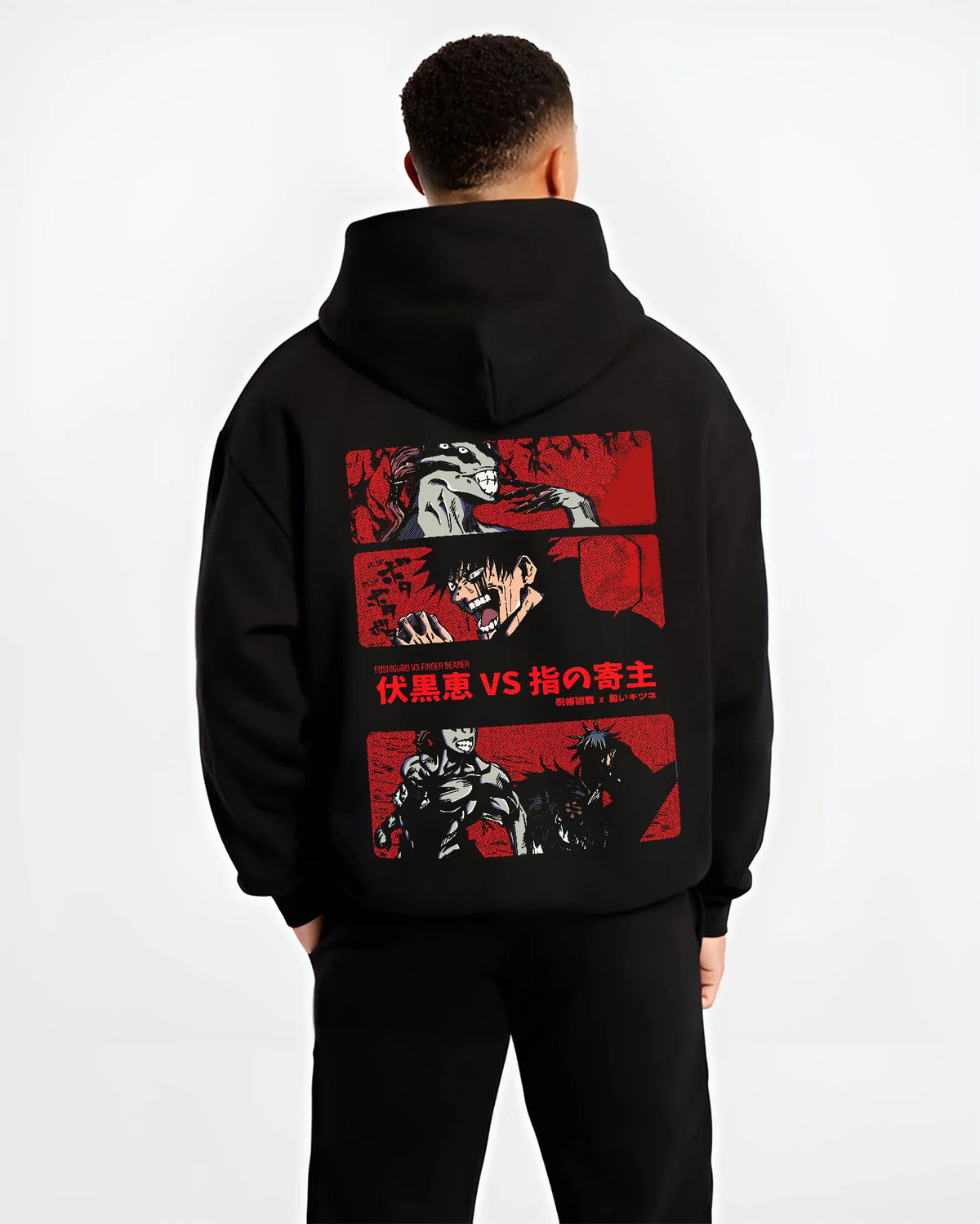 Black hoodie model back view showing Megumi Fushiguro from Jujutsu Kaisen: battle with the Finger Bearer cursed spirit