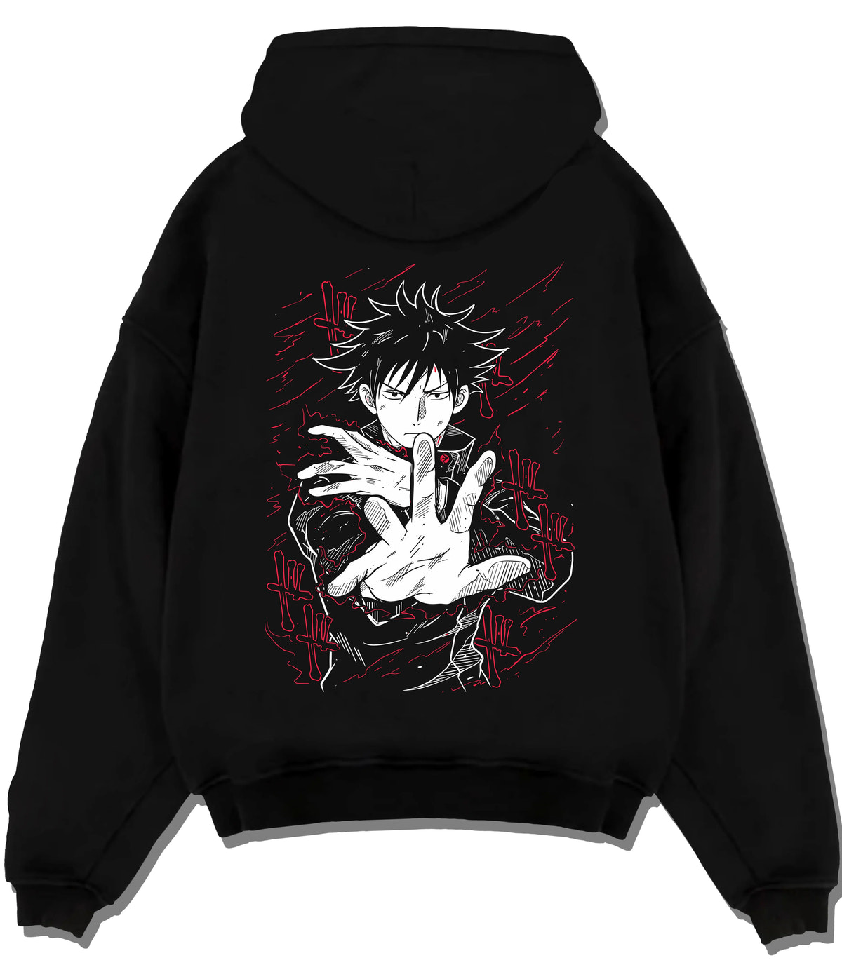 Black hoodie flat back view showing Megumi Fushiguro from Jujutsu Kaisen: Ten Shadows hand sign