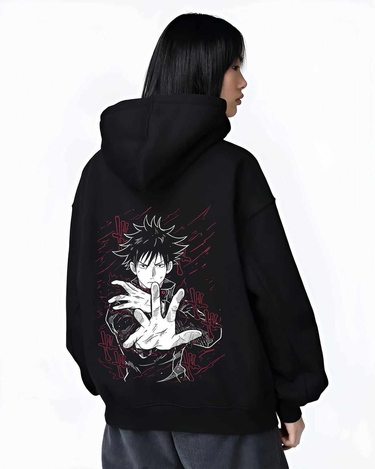 Black hoodie female model back view showing Megumi Fushiguro from Jujutsu Kaisen: Ten Shadows hand sign