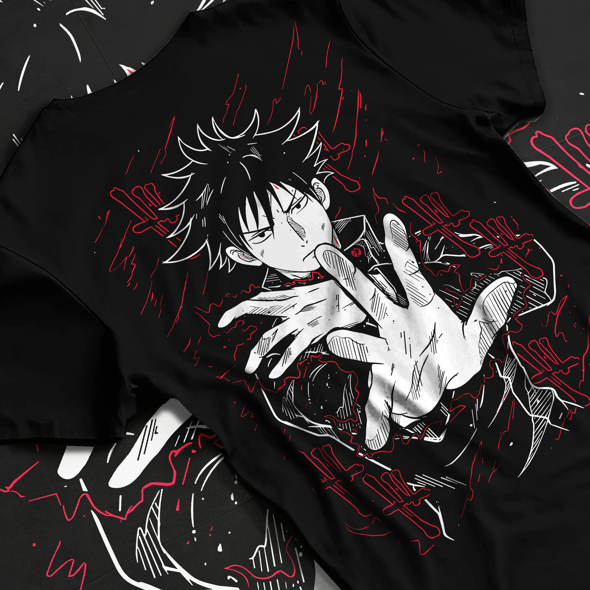Black T-shirt flat back view showing Megumi Fushiguro from Jujutsu Kaisen: Ten Shadows hand sign