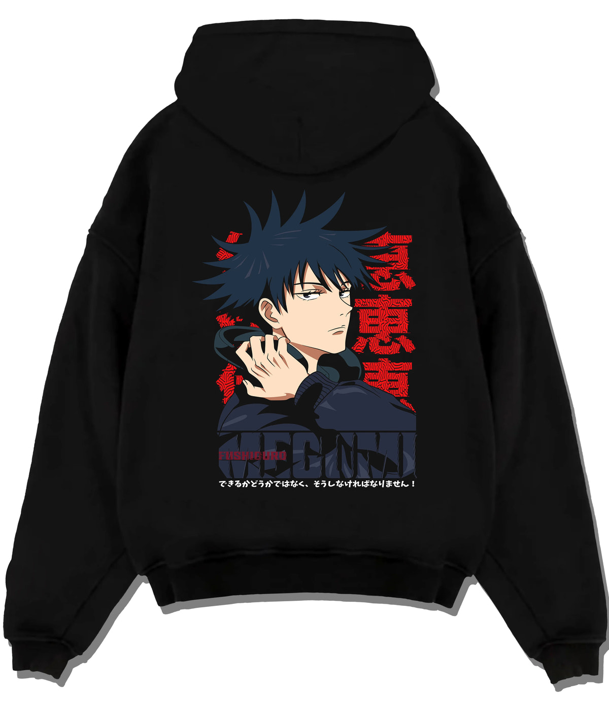 Black hoodie flat back view showing Megumi Fushiguro from Jujutsu Kaisen: dark-haired portrait