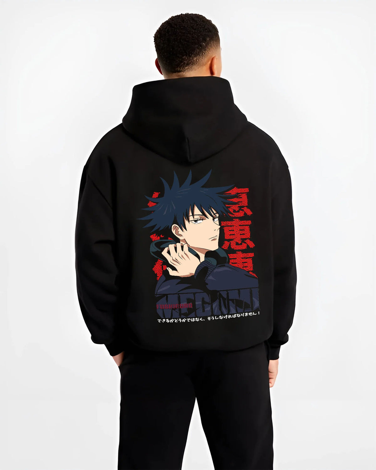 Black hoodie model back view showing Megumi Fushiguro from Jujutsu Kaisen: dark-haired portrait