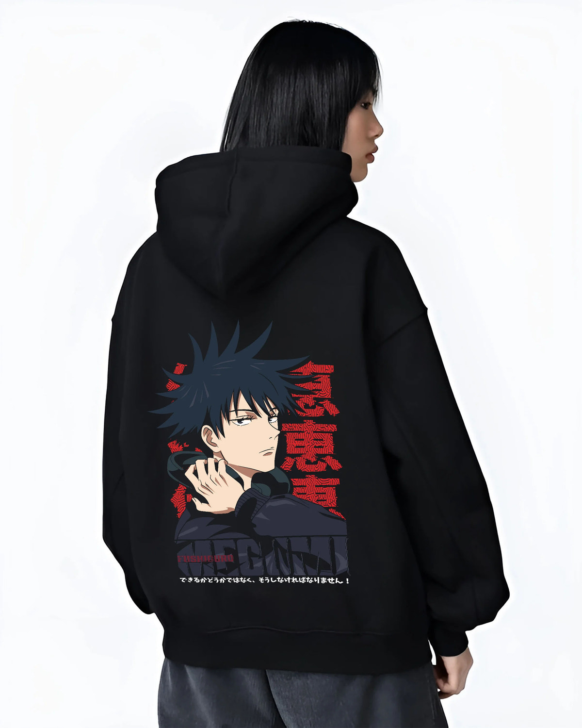Black hoodie female model back view showing Megumi Fushiguro from Jujutsu Kaisen: dark-haired portrait