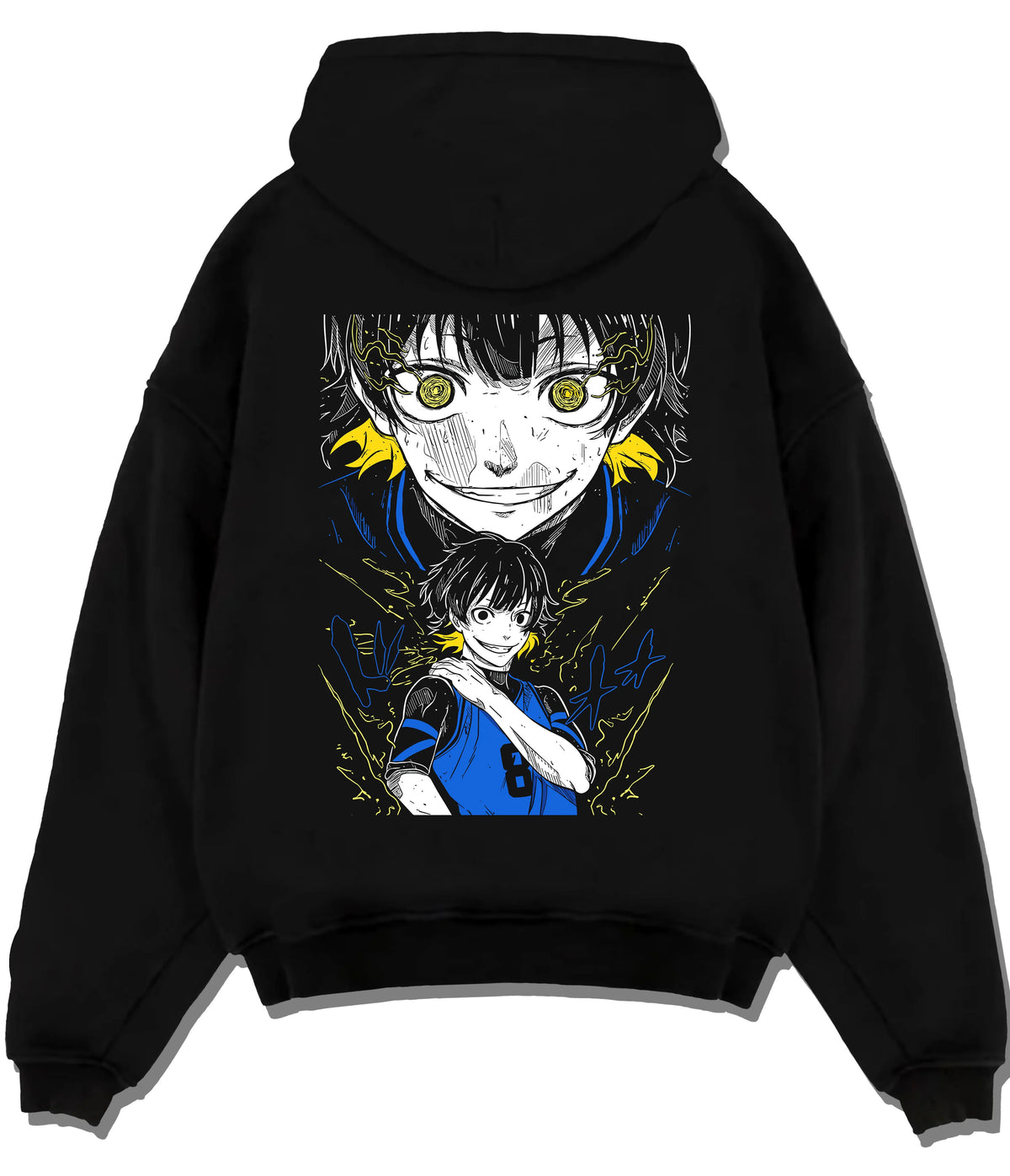 Black hoodie flat back view showing Meguru Bachira from Blue Lock: Blue Lock portrait collage