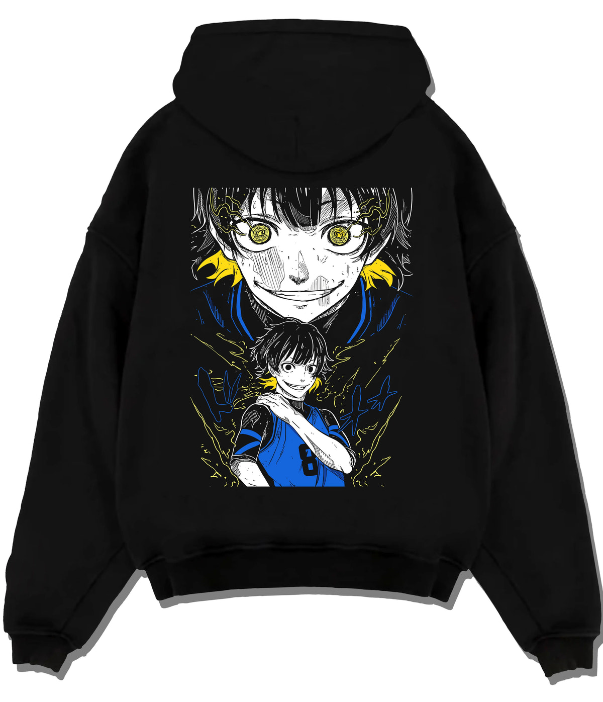 Black hoodie flat back view showing Meguru Bachira from Blue Lock: Blue Lock portrait collage