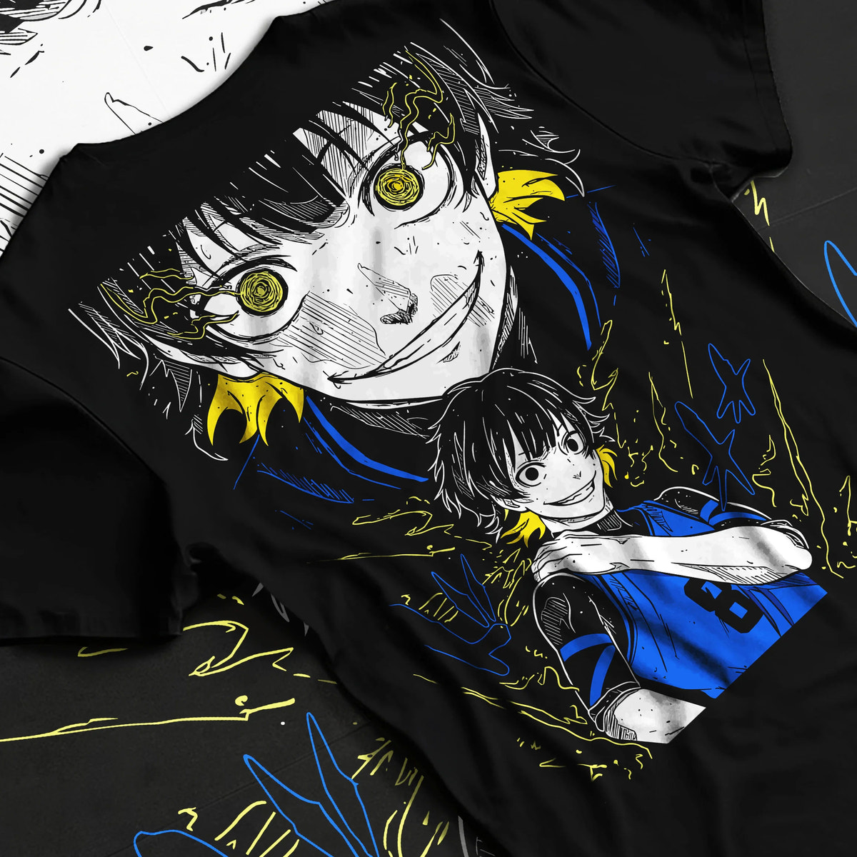 Black T-shirt flat back view showing Meguru Bachira from Blue Lock: Blue Lock portrait collage
