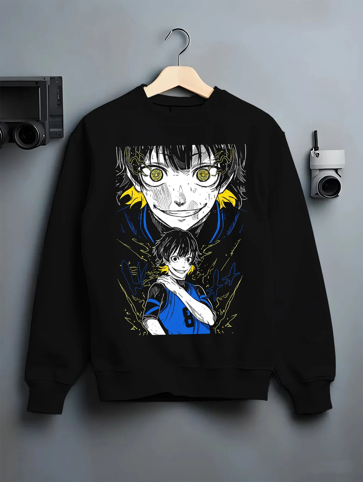 Black crewneck sweatshirt on hanger showing Meguru Bachira from Blue Lock: Blue Lock portrait collage