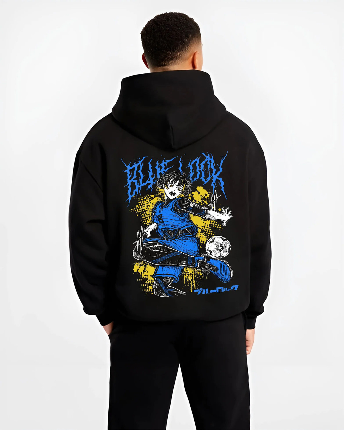 Black hoodie model back view showing Meguru Bachira from Blue Lock: football action pose