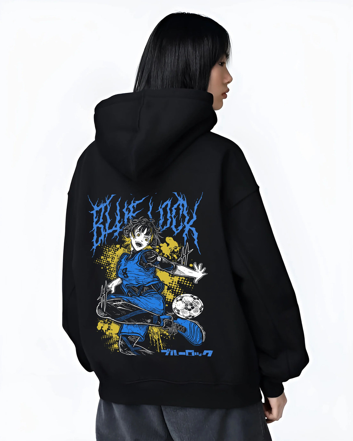 Black hoodie female model back view showing Meguru Bachira from Blue Lock: football action pose
