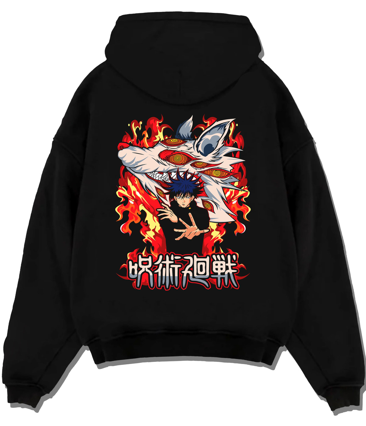Black hoodie flat back view showing Megumi Fushiguro with Mahoraga from Jujutsu Kaisen: fiery summon