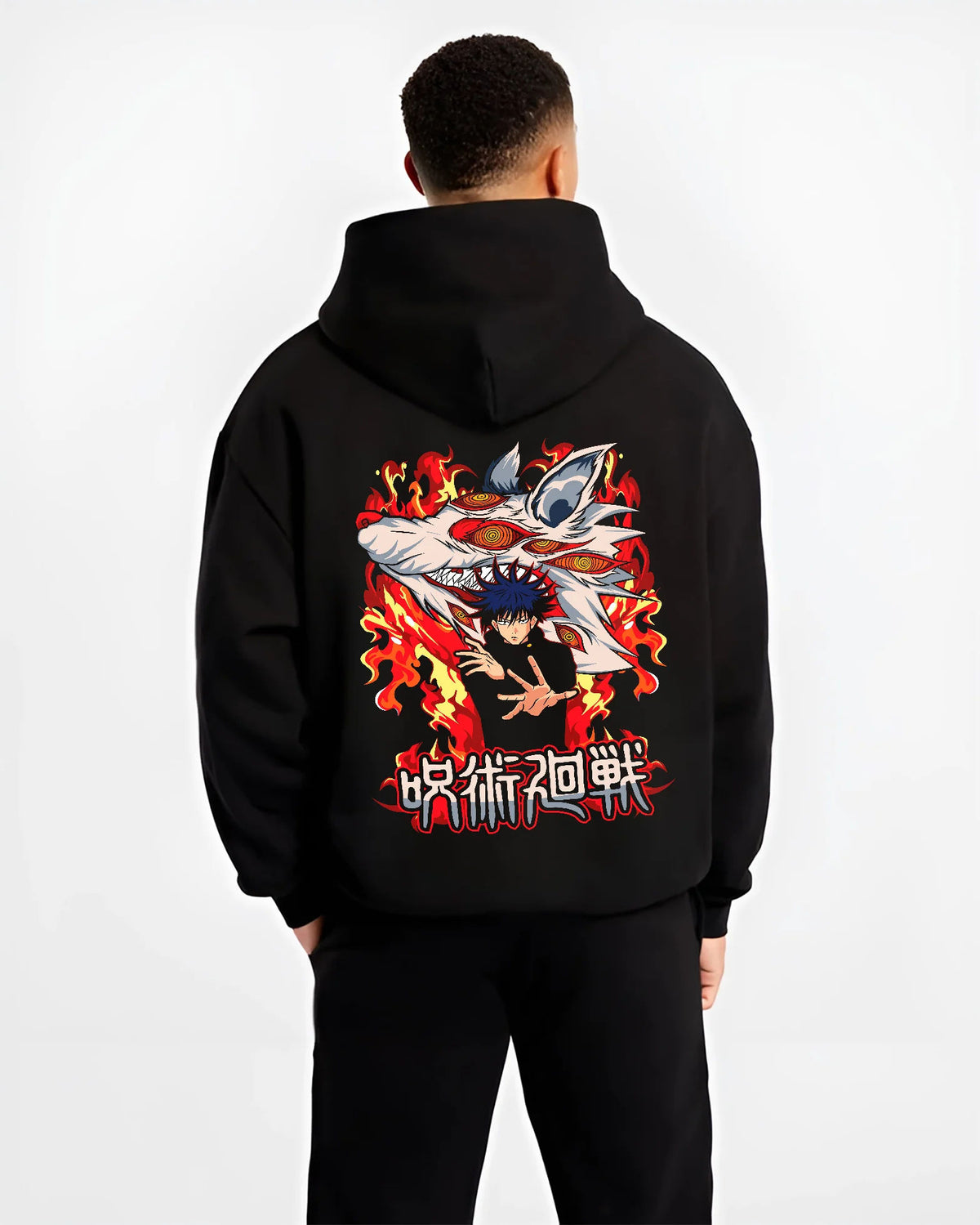 Black hoodie model back view showing Megumi Fushiguro with Mahoraga from Jujutsu Kaisen: fiery summon