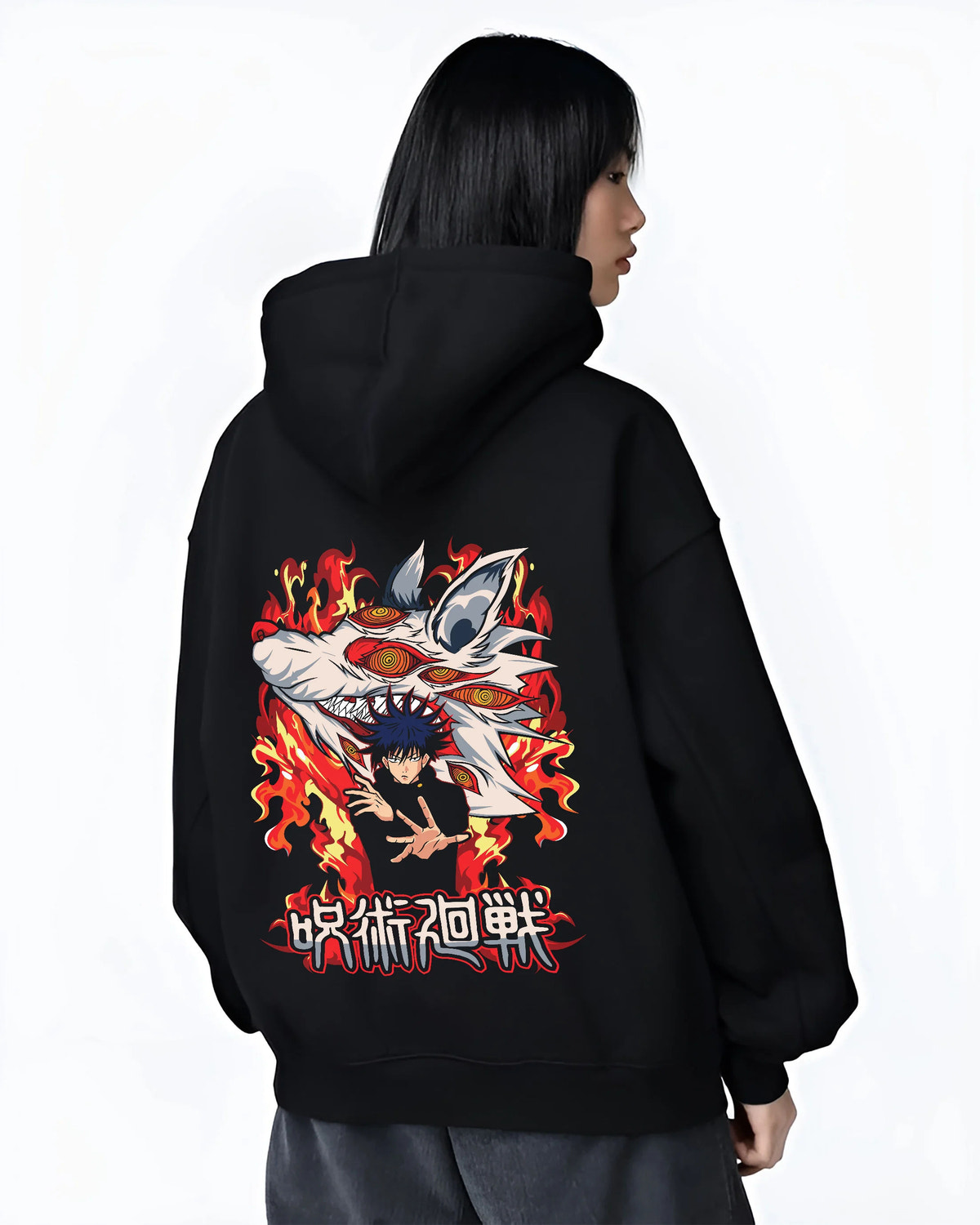 Black hoodie female model back view showing Megumi Fushiguro with Mahoraga from Jujutsu Kaisen: fiery summon