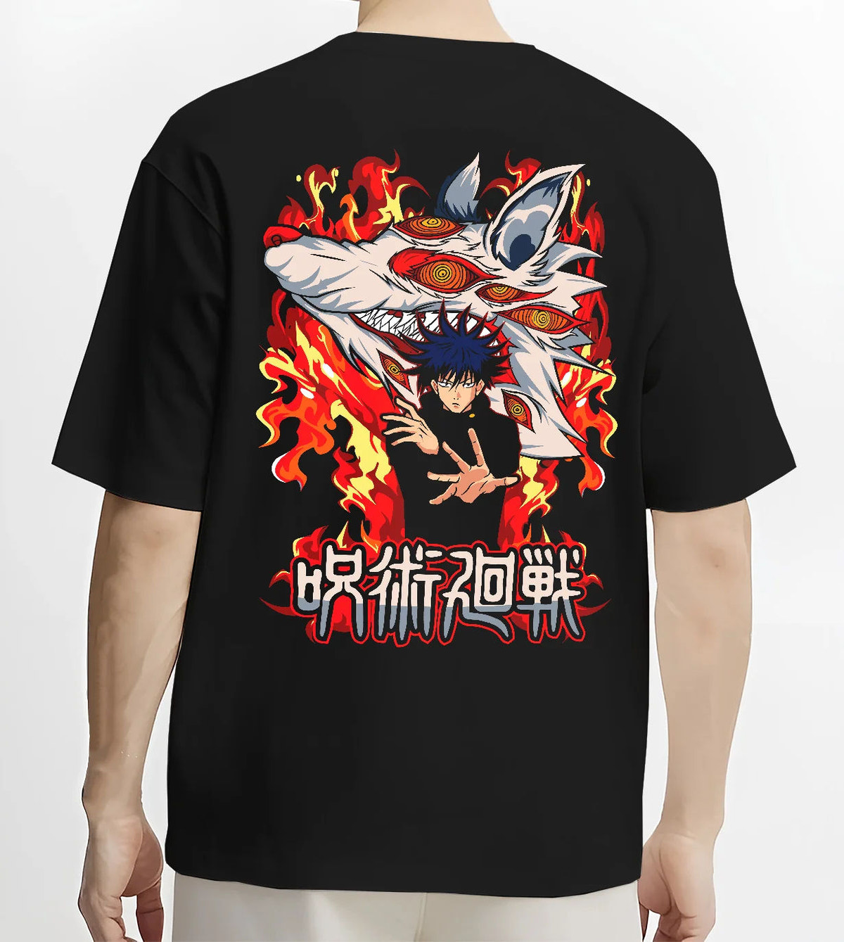 Black T-shirt model back view showing Megumi Fushiguro with Mahoraga from Jujutsu Kaisen: fiery summon
