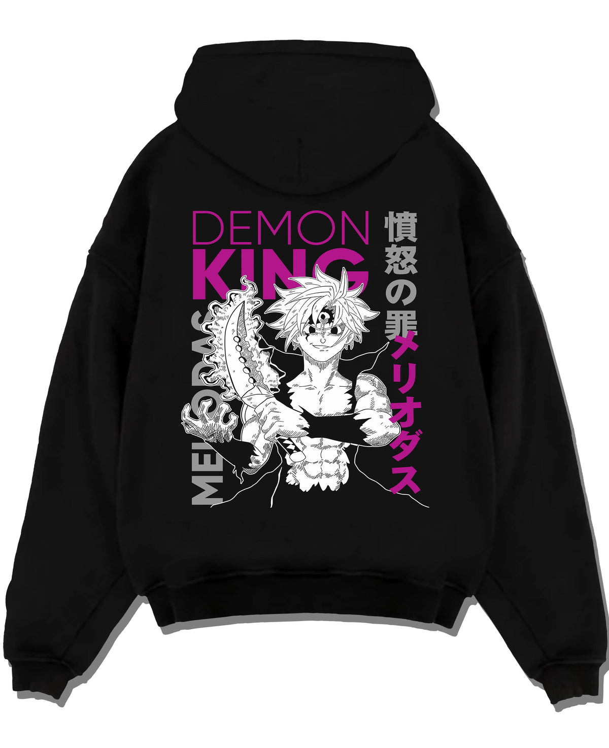 Black hoodie laid flat featuring Meliodas Demon King power artwork.