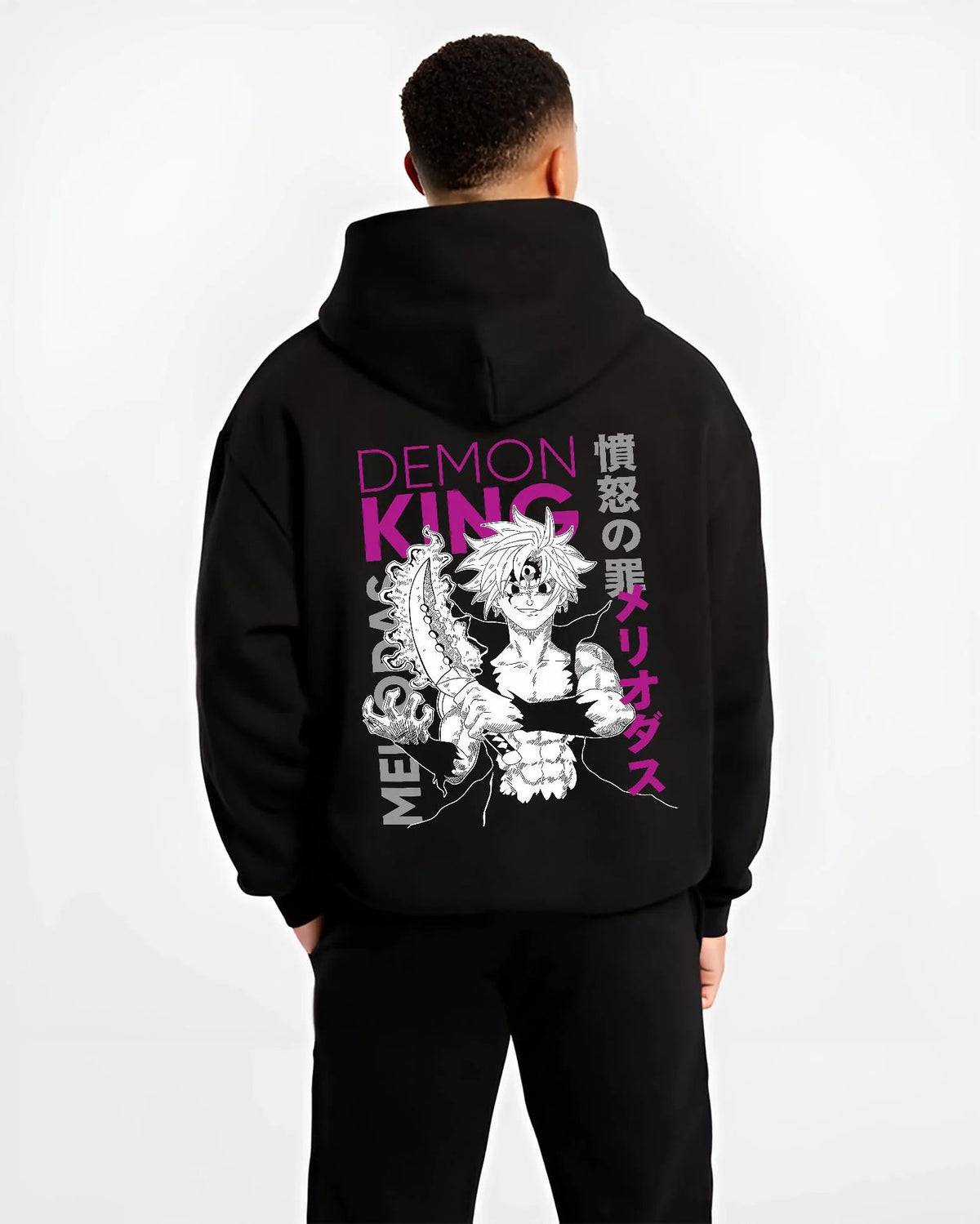 Black hoodie worn by male model from the back featuring Meliodas Demon King power artwork.