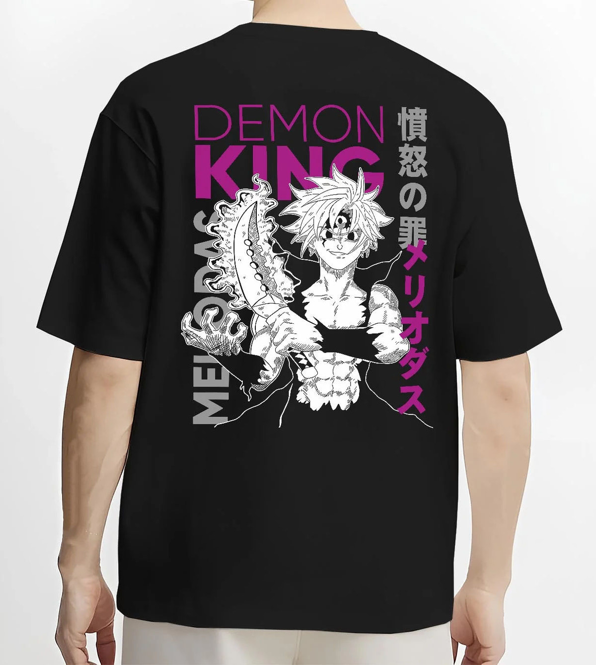 Black T-shirt worn by male model from the back featuring Meliodas Demon King power artwork.