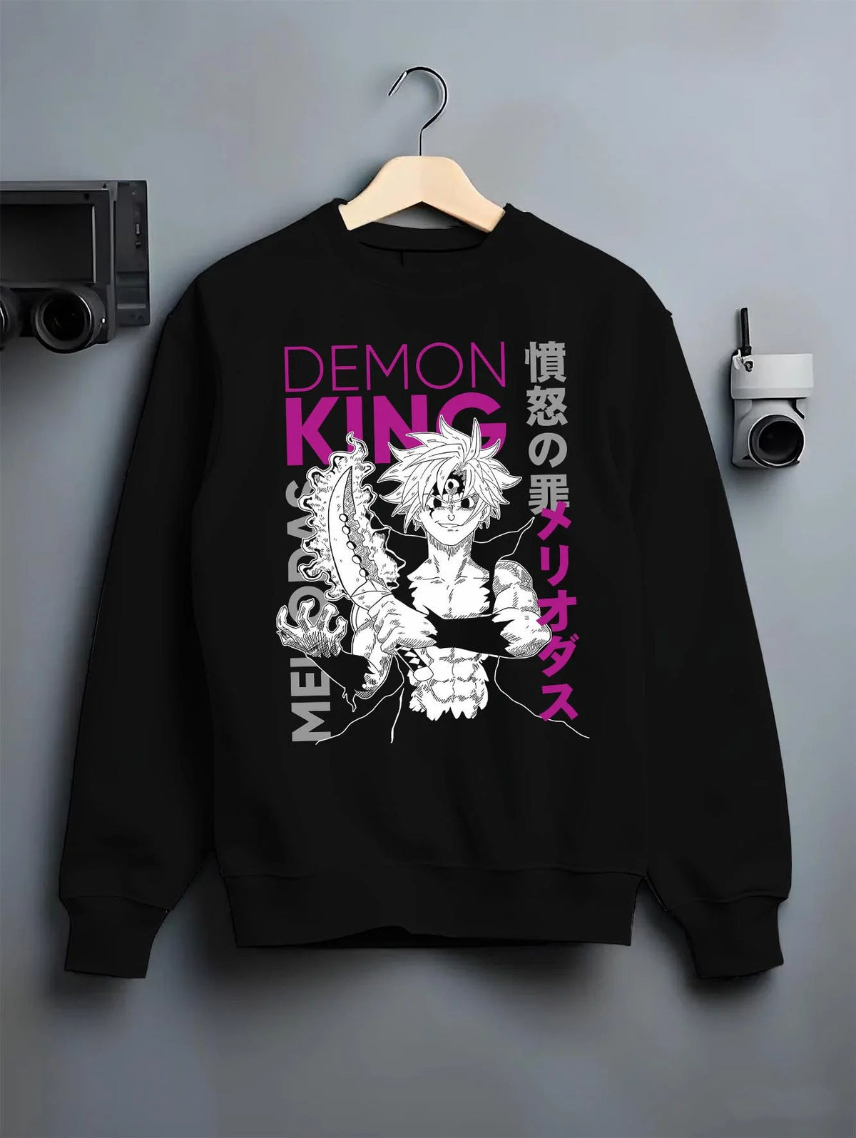 Black crewneck sweatshirt on hanger featuring Meliodas Demon King power artwork.