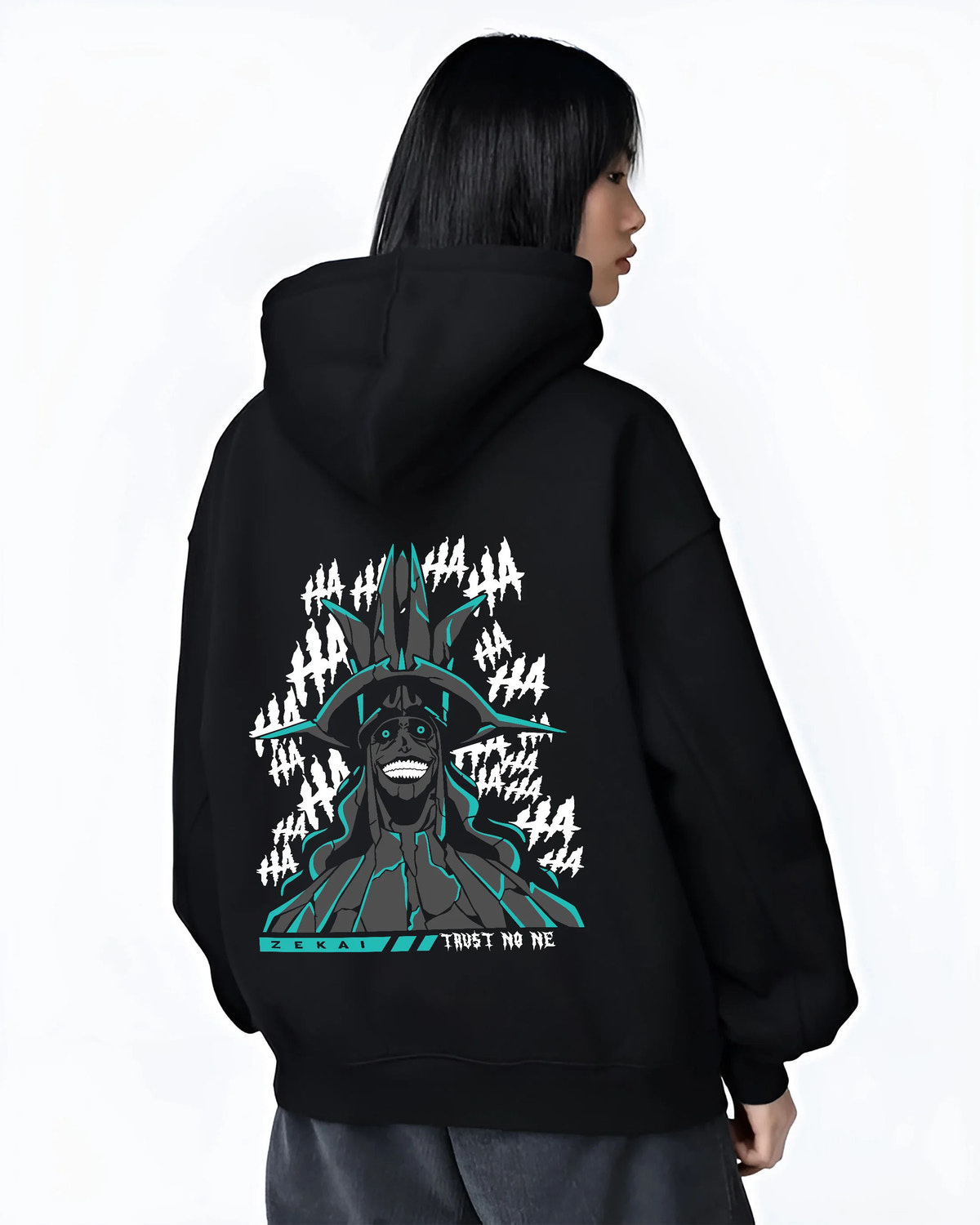 Smiling Statue of God from Solo Leveling Cartenon Temple on female hoodie model back view