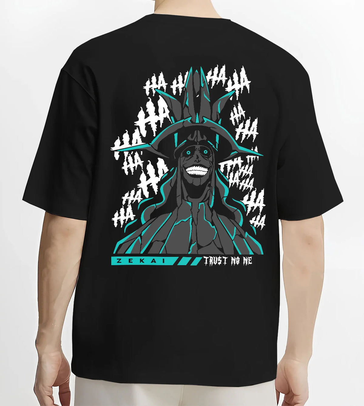 Smiling Statue of God from Solo Leveling Cartenon Temple on black T-shirt model back view