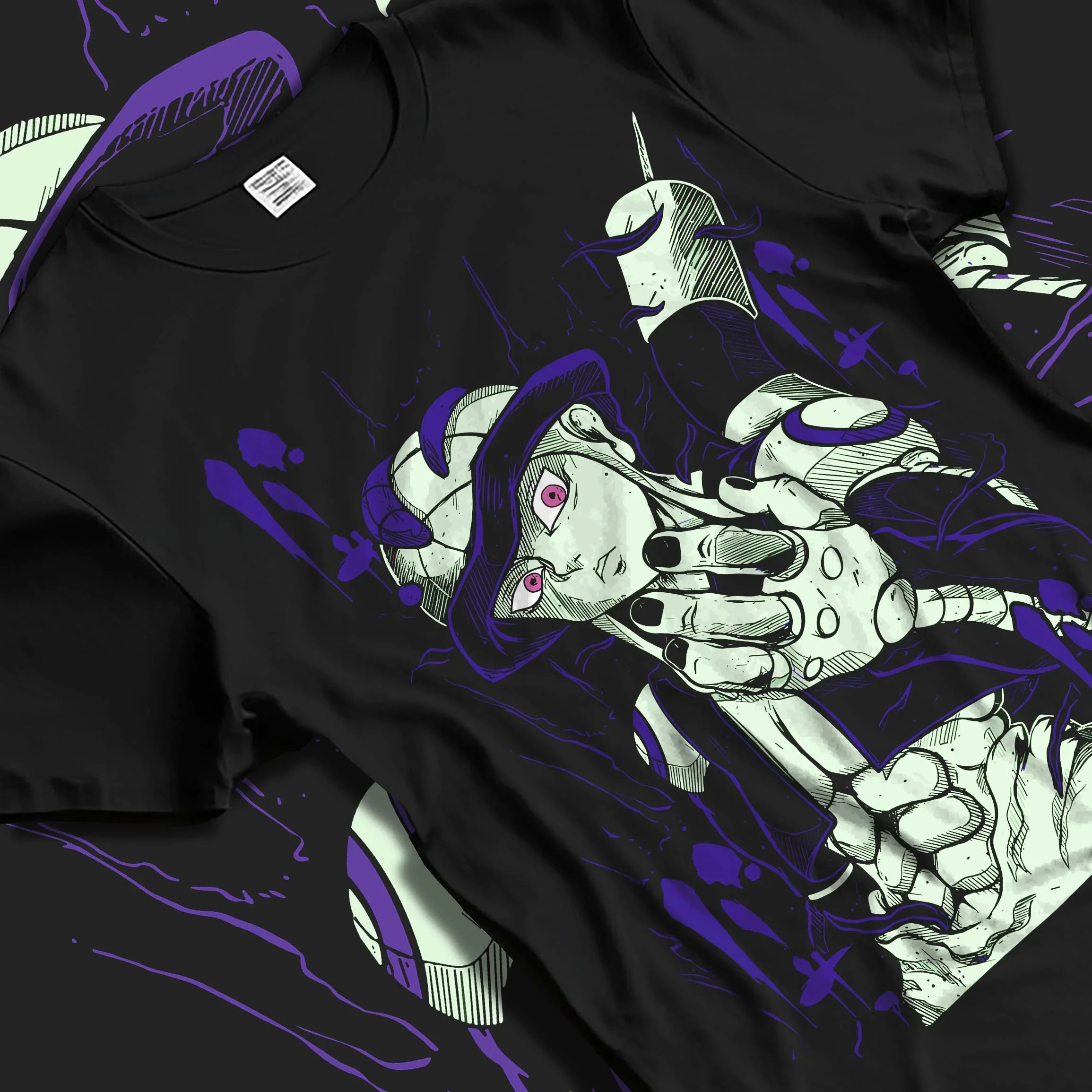 Black T-shirt laid flat with natural folds with Meruem Hoodie Hunter x Hunter Chimera Ant King graphic bold anime graphic.