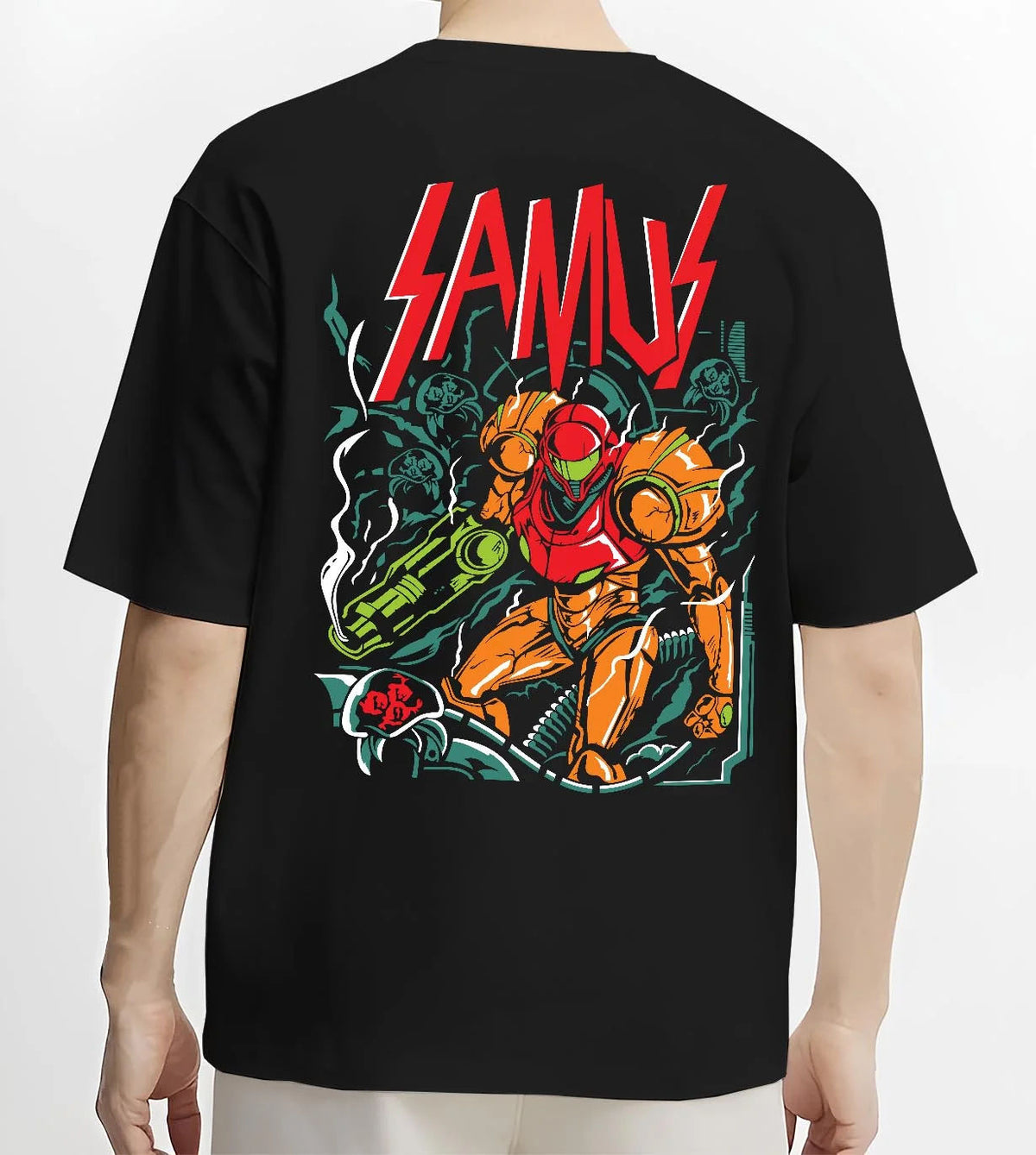 Black T-shirt worn by male model from the back featuring Samus Aran in the Power Suit artwork.