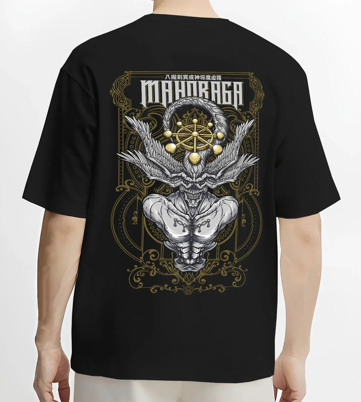 Black T-shirt worn by male model, back view with Mahoraga Hoodie Jujutsu Kaisen Cursed Technique graphic premium wear.