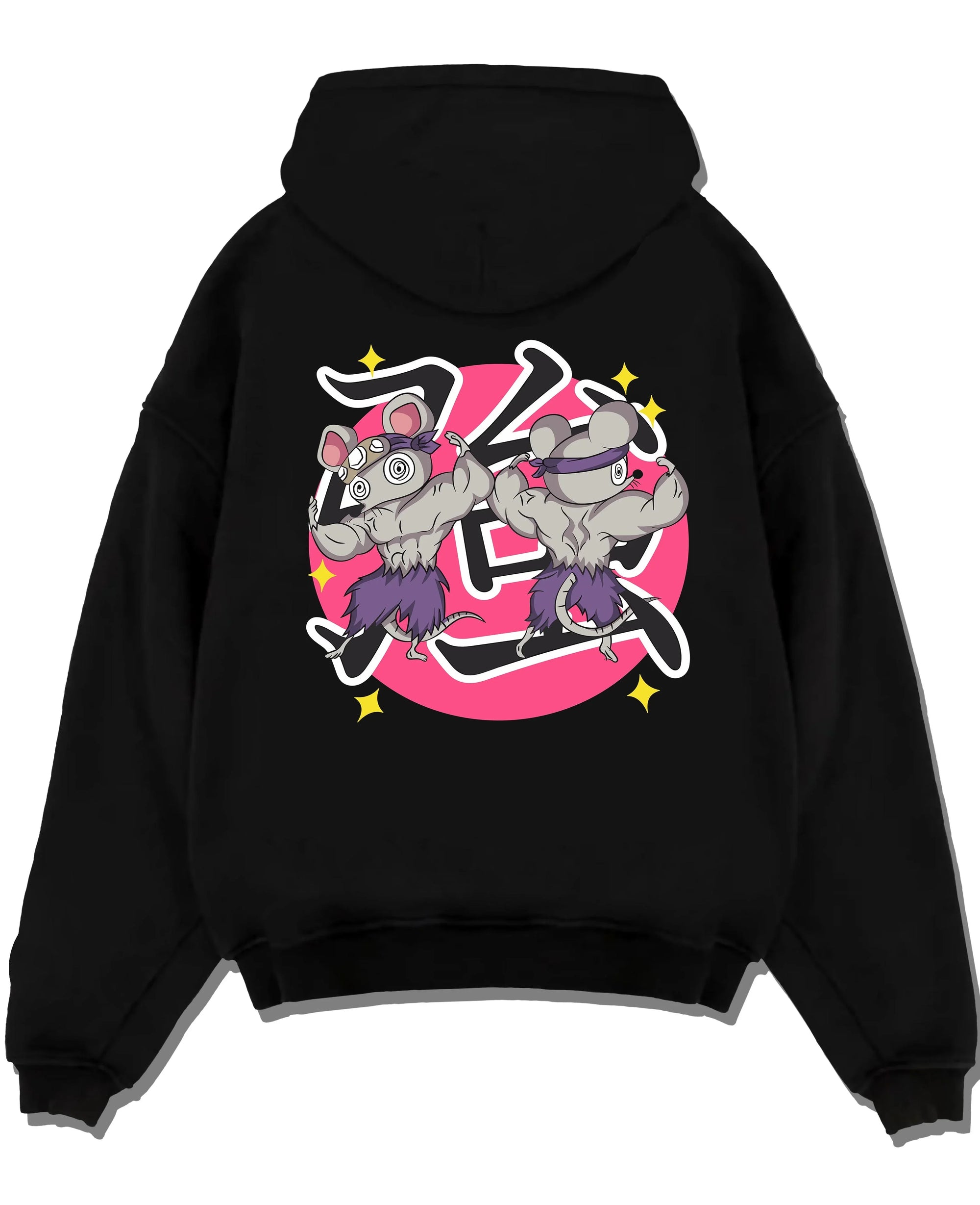 Black pullover hoodie laid flat with Demon Slayer Hoodie Sound Hashira Tengen Ninja Mice graphic bold anime graphic.