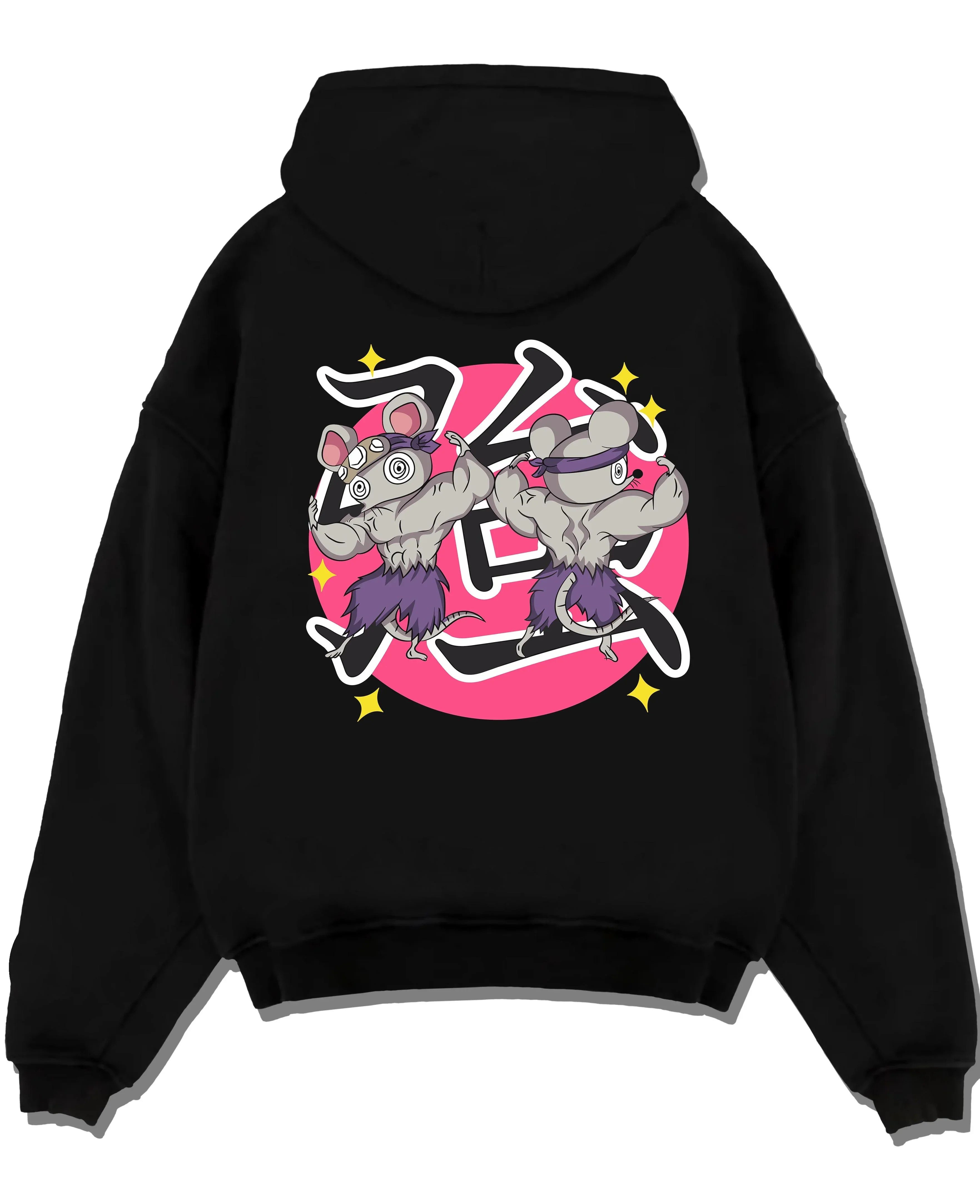 Black pullover hoodie laid flat with Demon Slayer Hoodie Sound Hashira Tengen Ninja Mice graphic bold anime graphic.