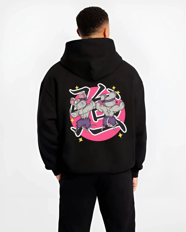 Black hoodie worn by male model, back view with Demon Slayer Hoodie Sound Hashira Tengen Ninja Mice graphic streetwear graphic.