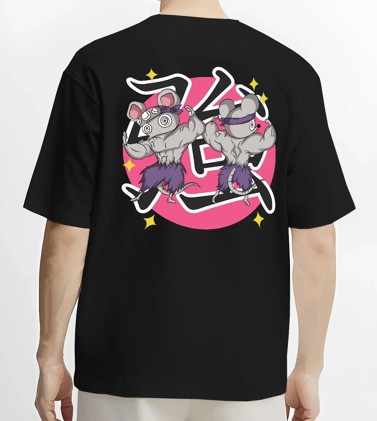 Black T-shirt worn by male model, back view with Demon Slayer Hoodie Sound Hashira Tengen Ninja Mice graphic premium wear.