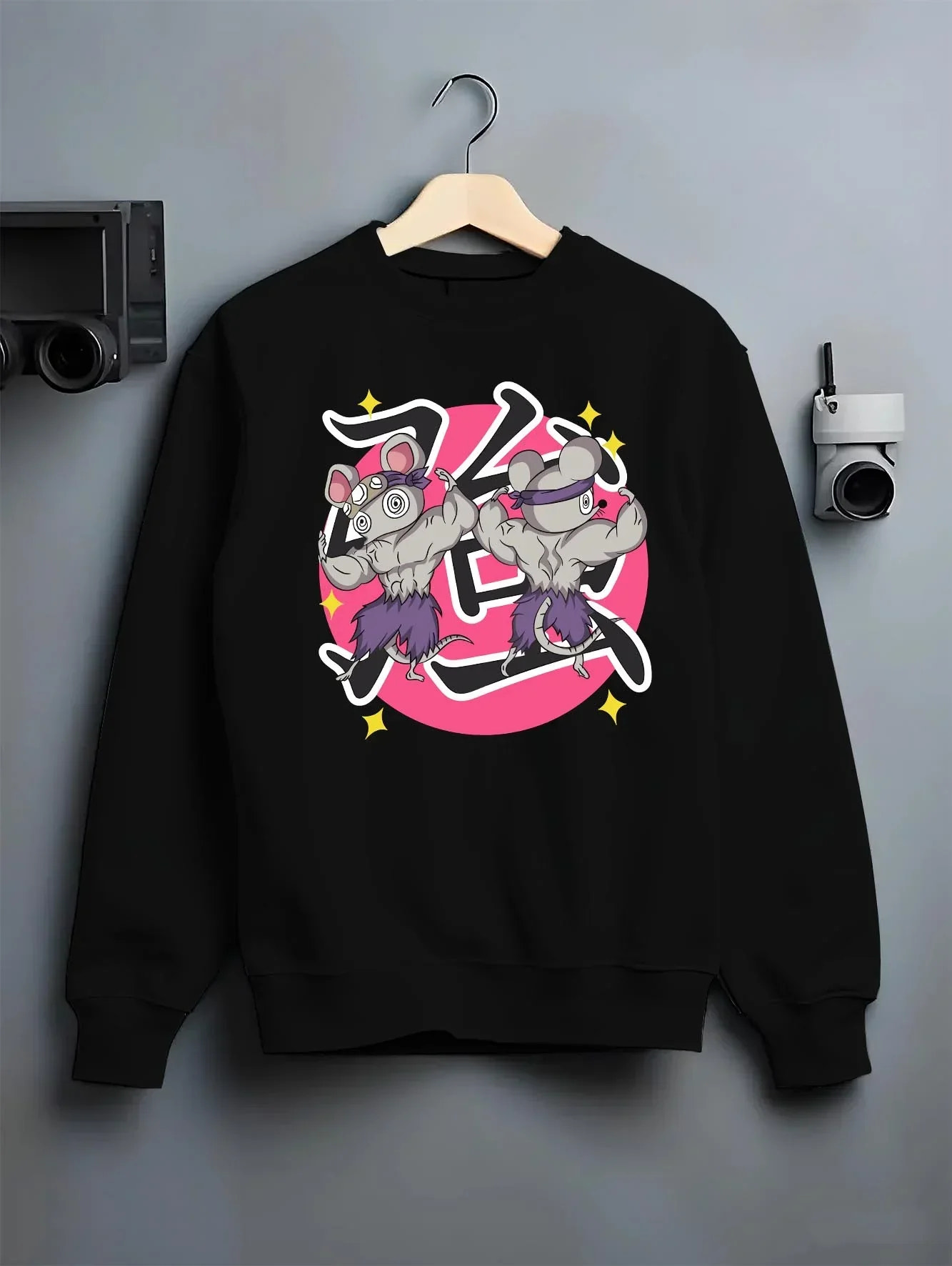 Black crewneck sweatshirt on hanger with Demon Slayer Hoodie Sound Hashira Tengen Ninja Mice graphic bold anime graphic.