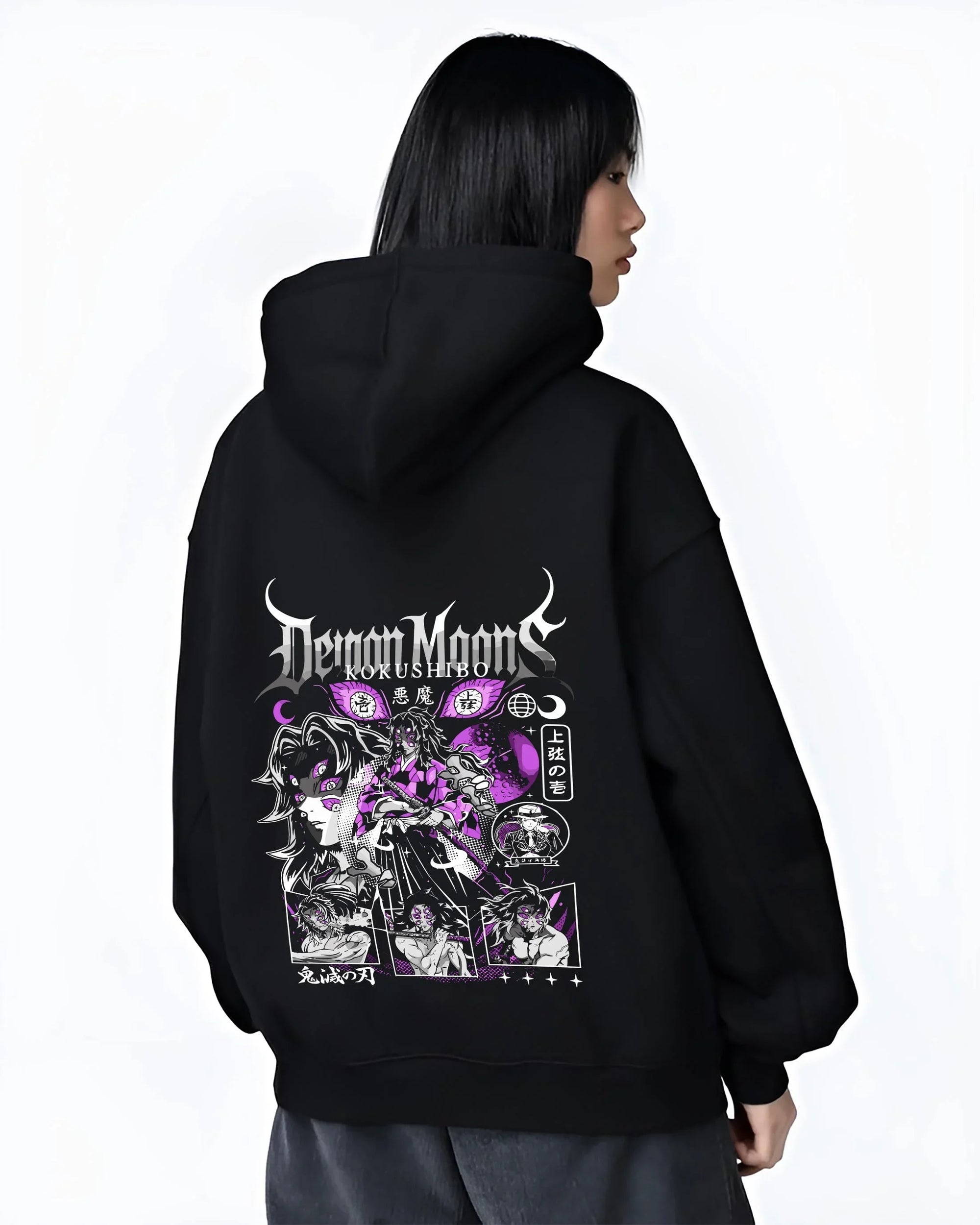 Black hoodie worn by female model, back view with Kokushibo Hoodie Demon Slayer Upper Moon One graphic bold anime graphic.