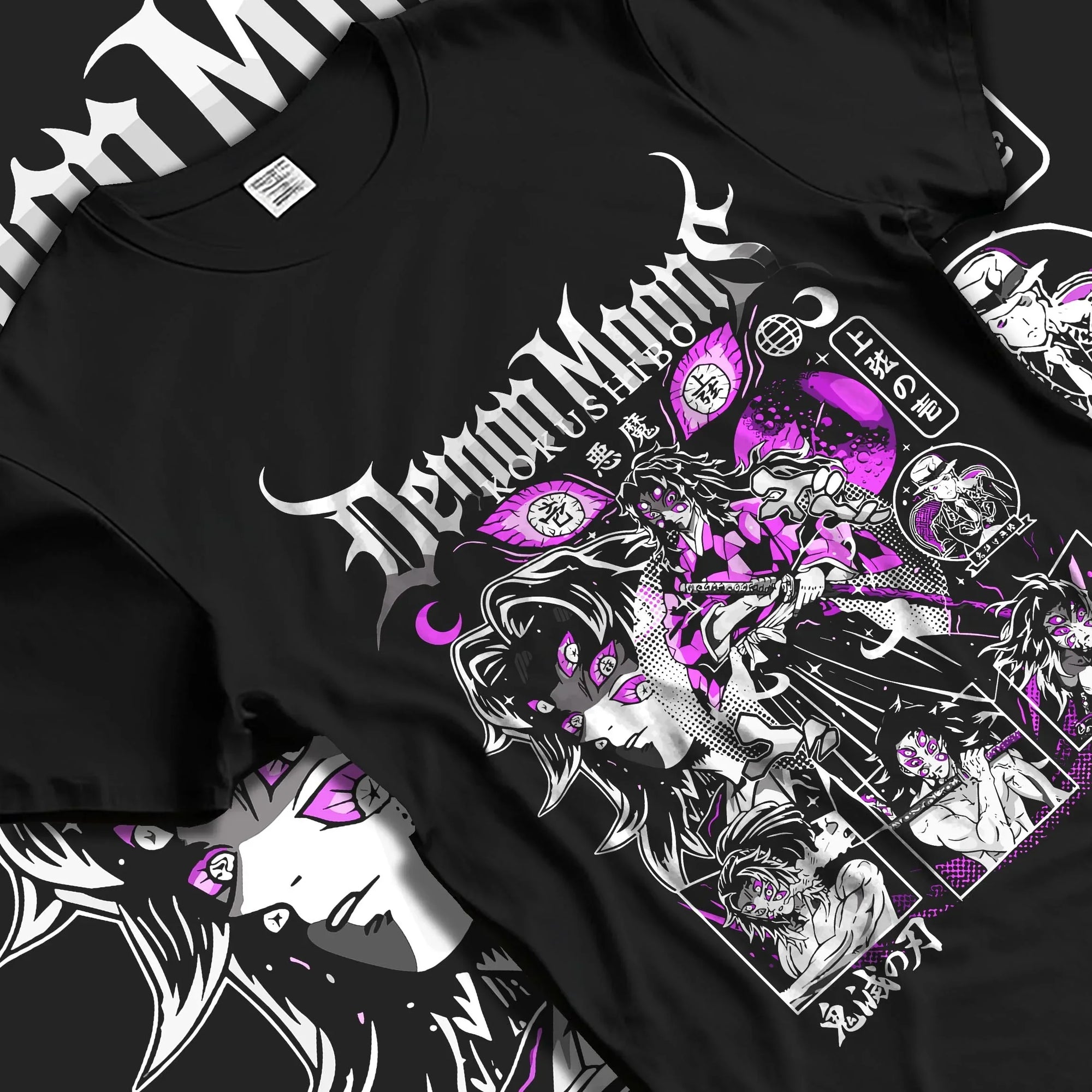 Black T-shirt laid flat with natural folds with Kokushibo Hoodie Demon Slayer Upper Moon One graphic bold anime graphic.