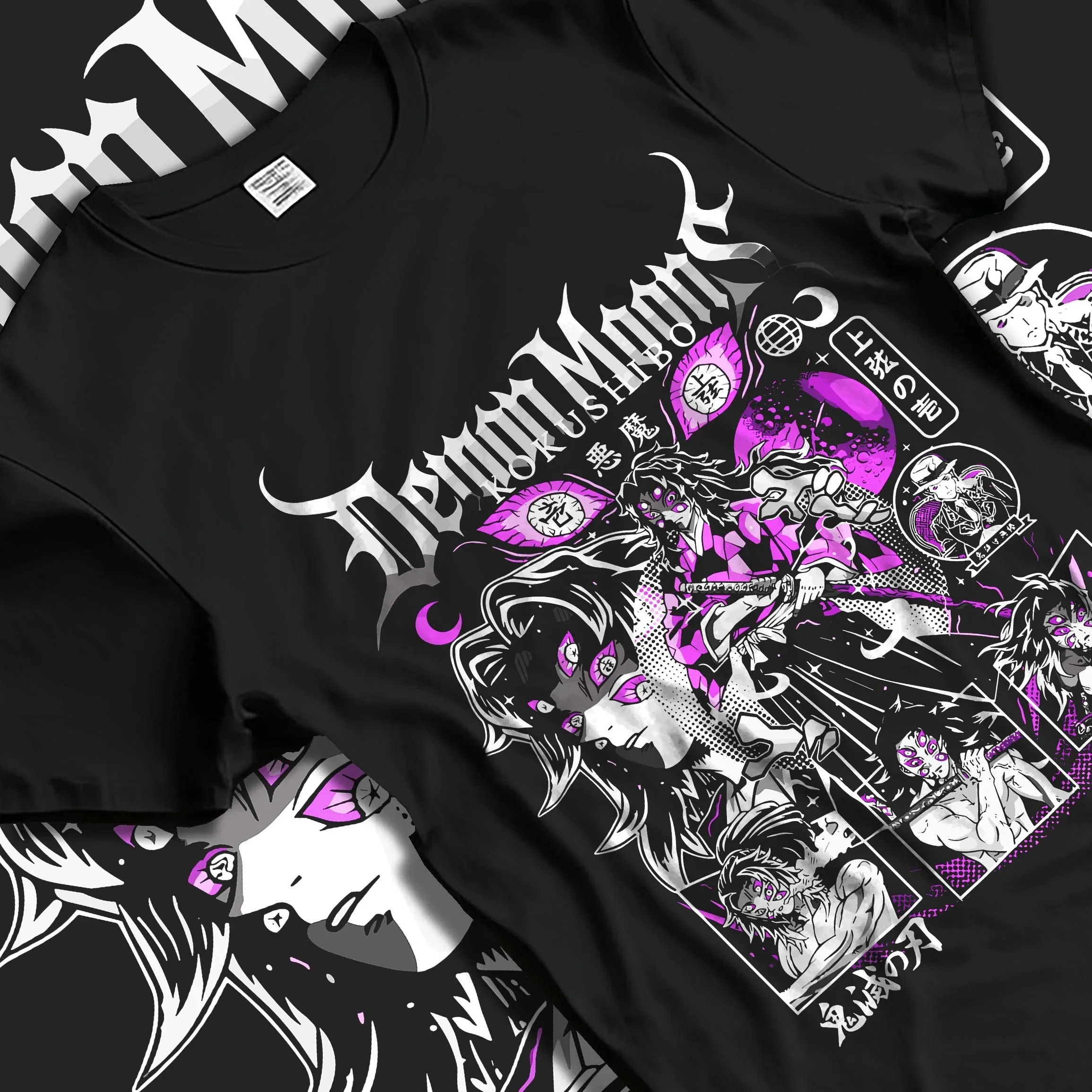 Black T-shirt laid flat with natural folds with Kokushibo Hoodie Demon Slayer Upper Moon One graphic bold anime graphic.