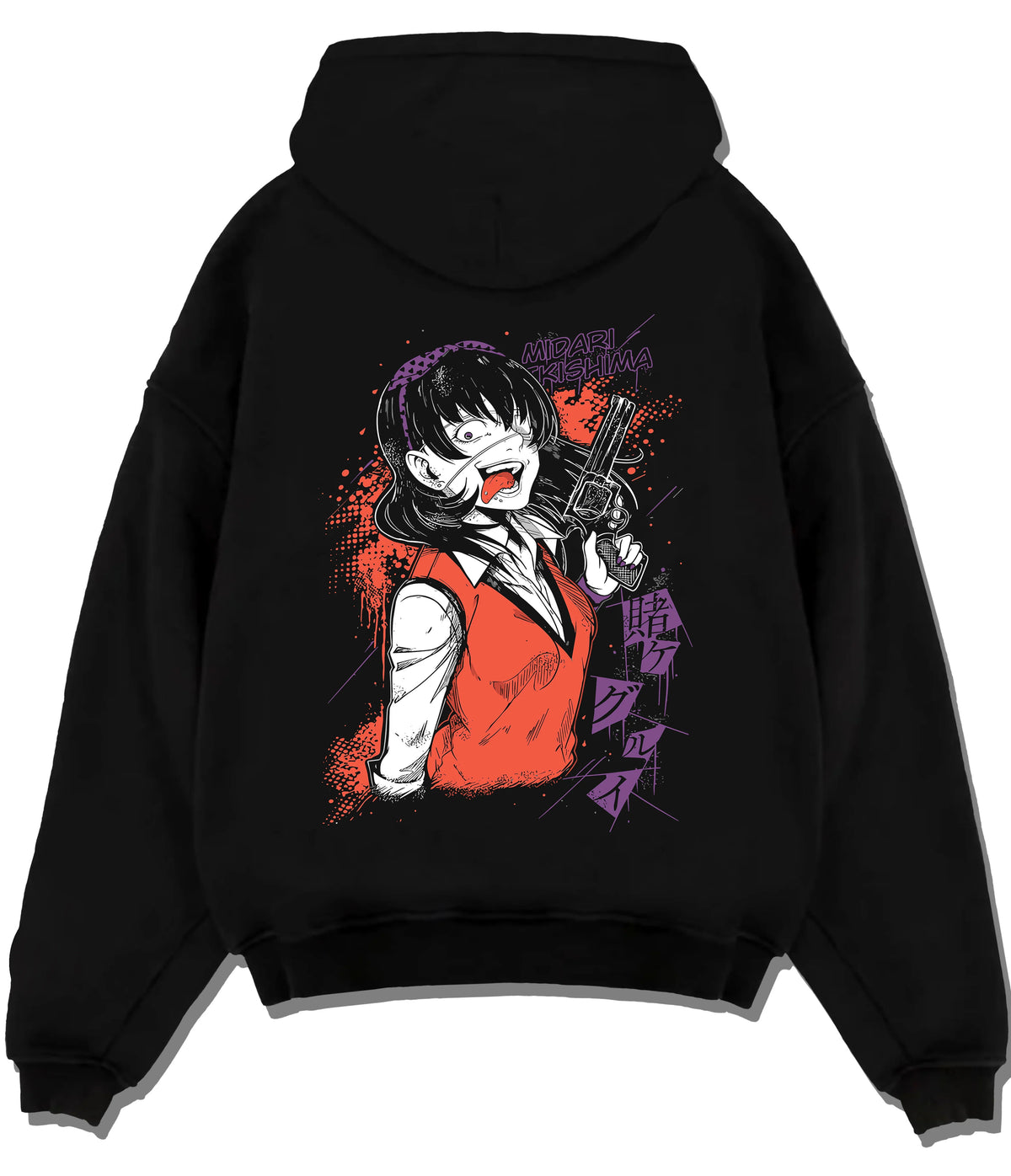 Black hoodie flat back view with Midari Ikishima from Kakegurui illustrated back graphic