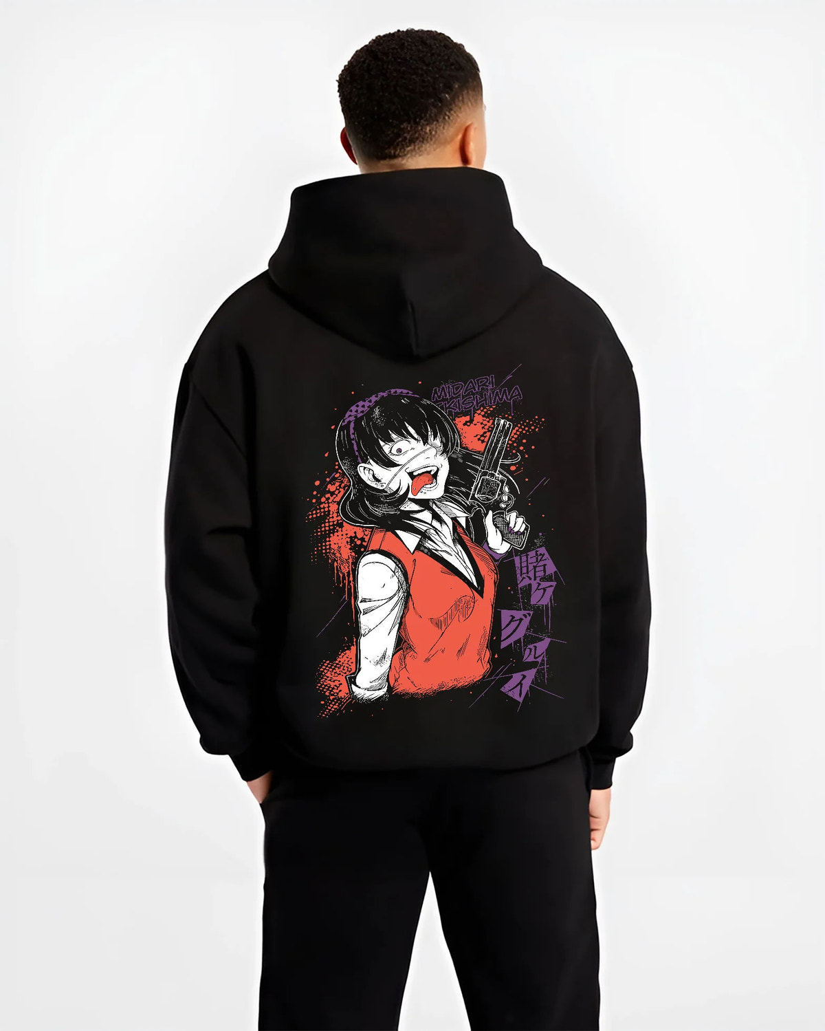 Black hoodie model back view with Midari Ikishima from Kakegurui illustrated back graphic