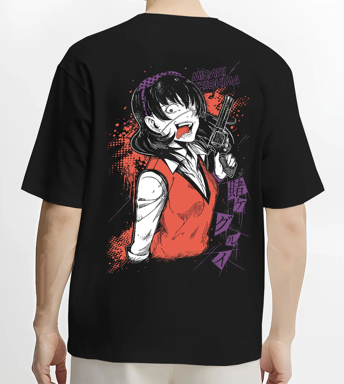 Black T-shirt model back view with Midari Ikishima from Kakegurui illustrated back graphic