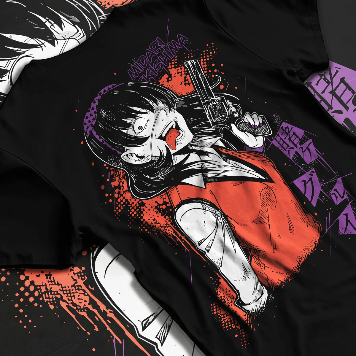 Black T-shirt flat back view with Midari Ikishima from Kakegurui illustrated back graphic