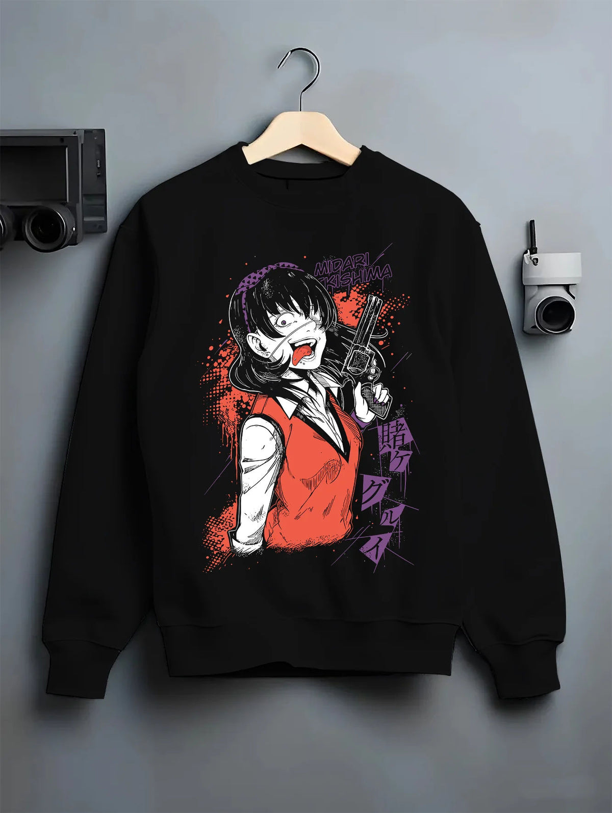 Black crewneck sweatshirt on hanger with Midari Ikishima from Kakegurui illustrated back graphic