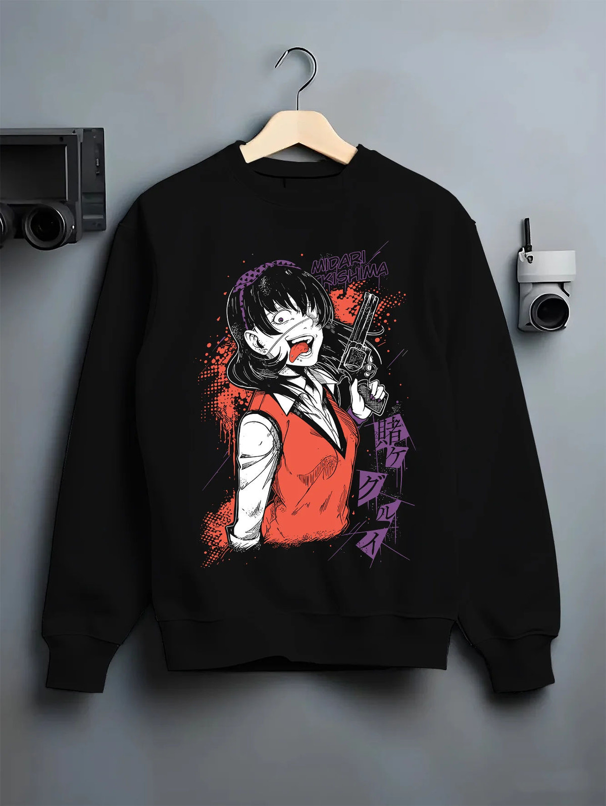 Black crewneck sweatshirt on hanger with Midari Ikishima from Kakegurui illustrated back graphic