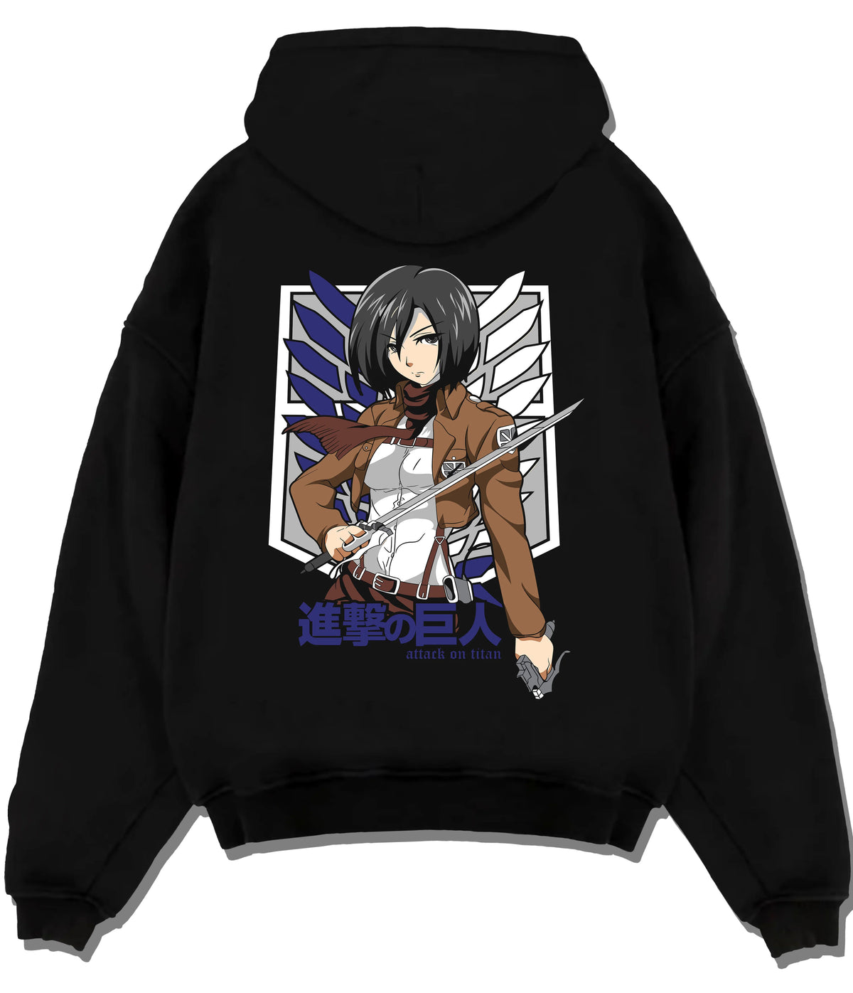 Black hoodie flat back view showing Mikasa Ackerman from Attack on Titan: Survey Corps swords