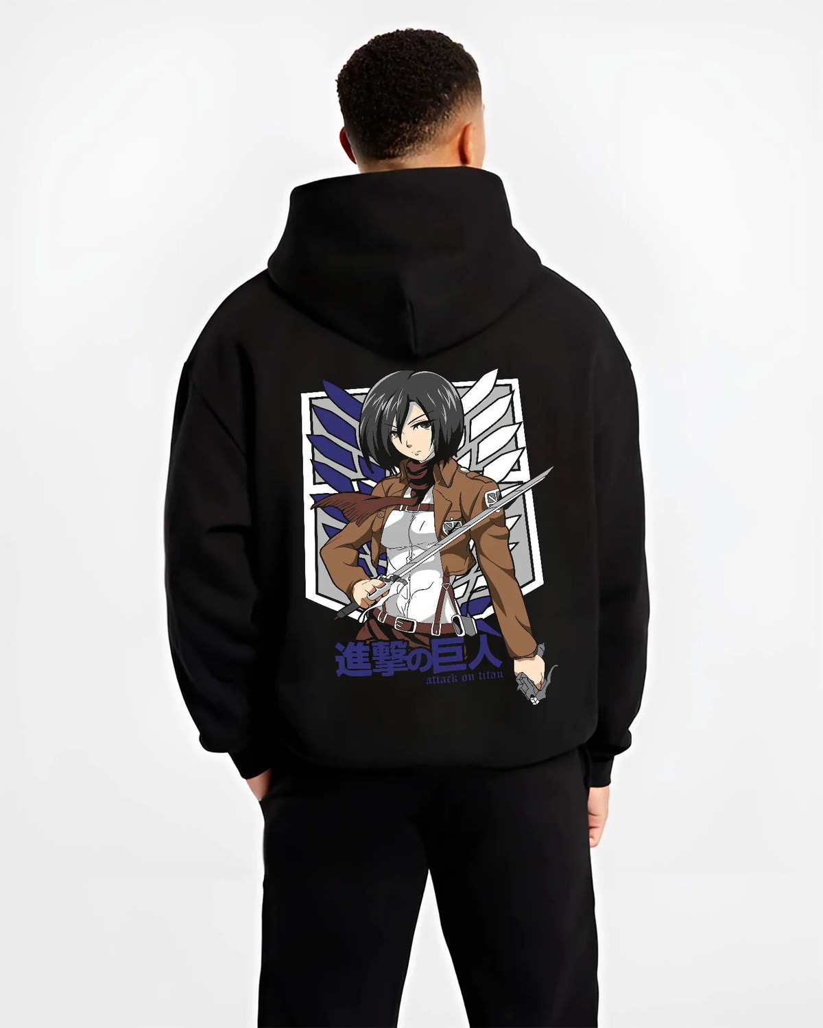 Black hoodie model back view showing Mikasa Ackerman from Attack on Titan: Survey Corps swords