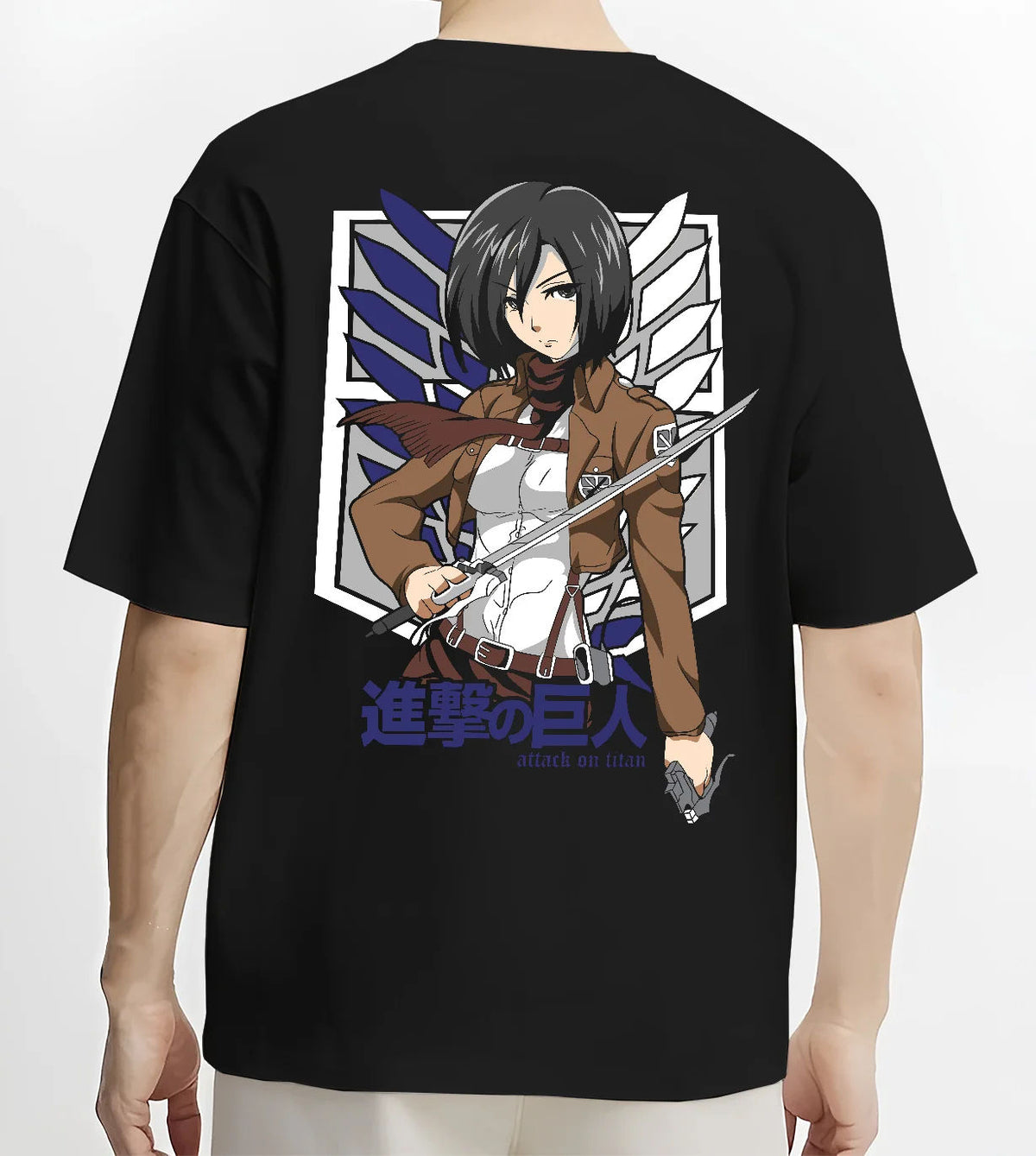 Black T-shirt model back view showing Mikasa Ackerman from Attack on Titan: Survey Corps swords