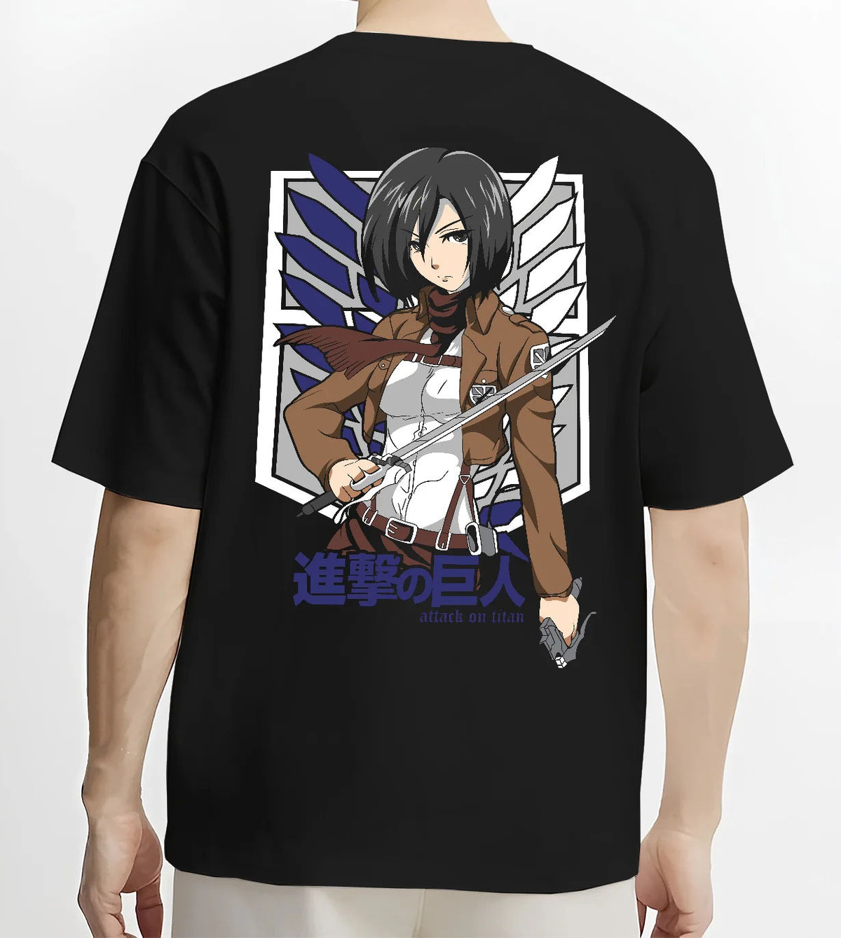 Black T-shirt model back view showing Mikasa Ackerman from Attack on Titan: Survey Corps swords
