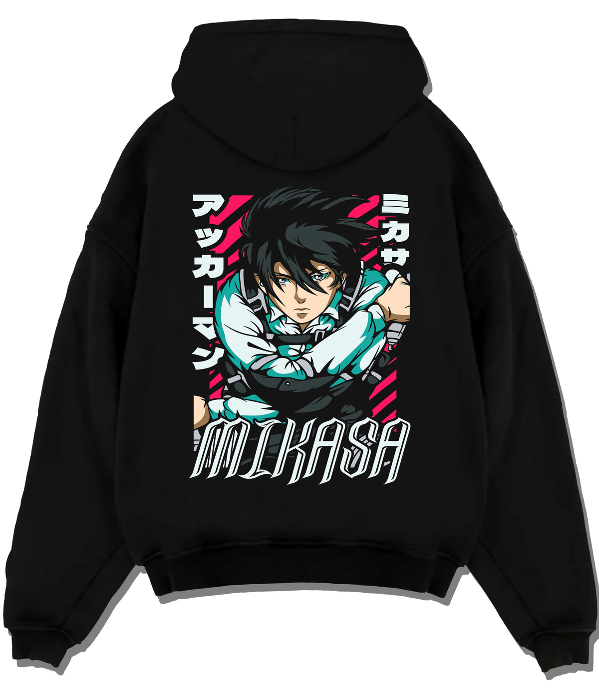 Black hoodie flat back view showing Mikasa Ackerman from Attack on Titan: action portrait