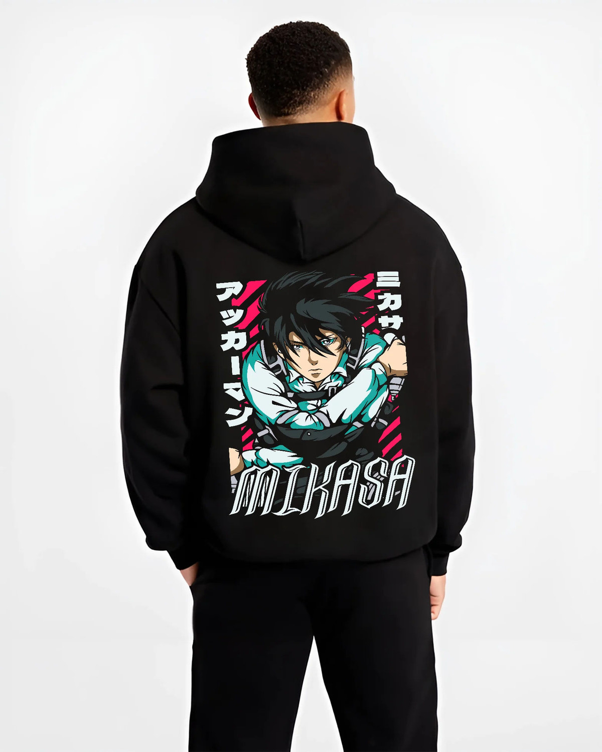 Black hoodie model back view showing Mikasa Ackerman from Attack on Titan: action portrait