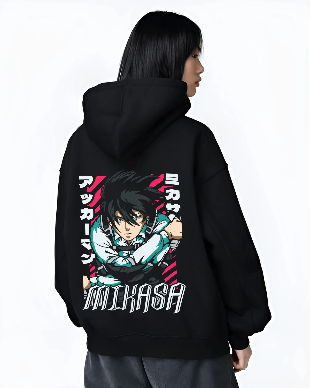 Black hoodie female model back view showing Mikasa Ackerman from Attack on Titan: action portrait