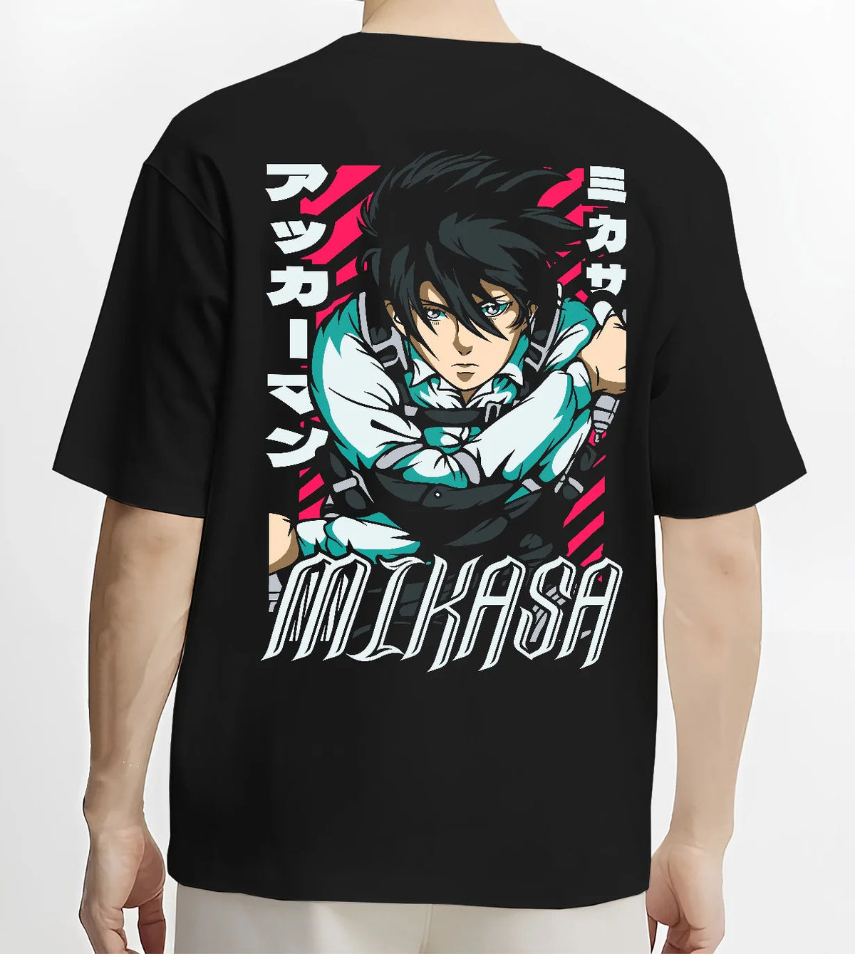 Black T-shirt model back view showing Mikasa Ackerman from Attack on Titan: action portrait