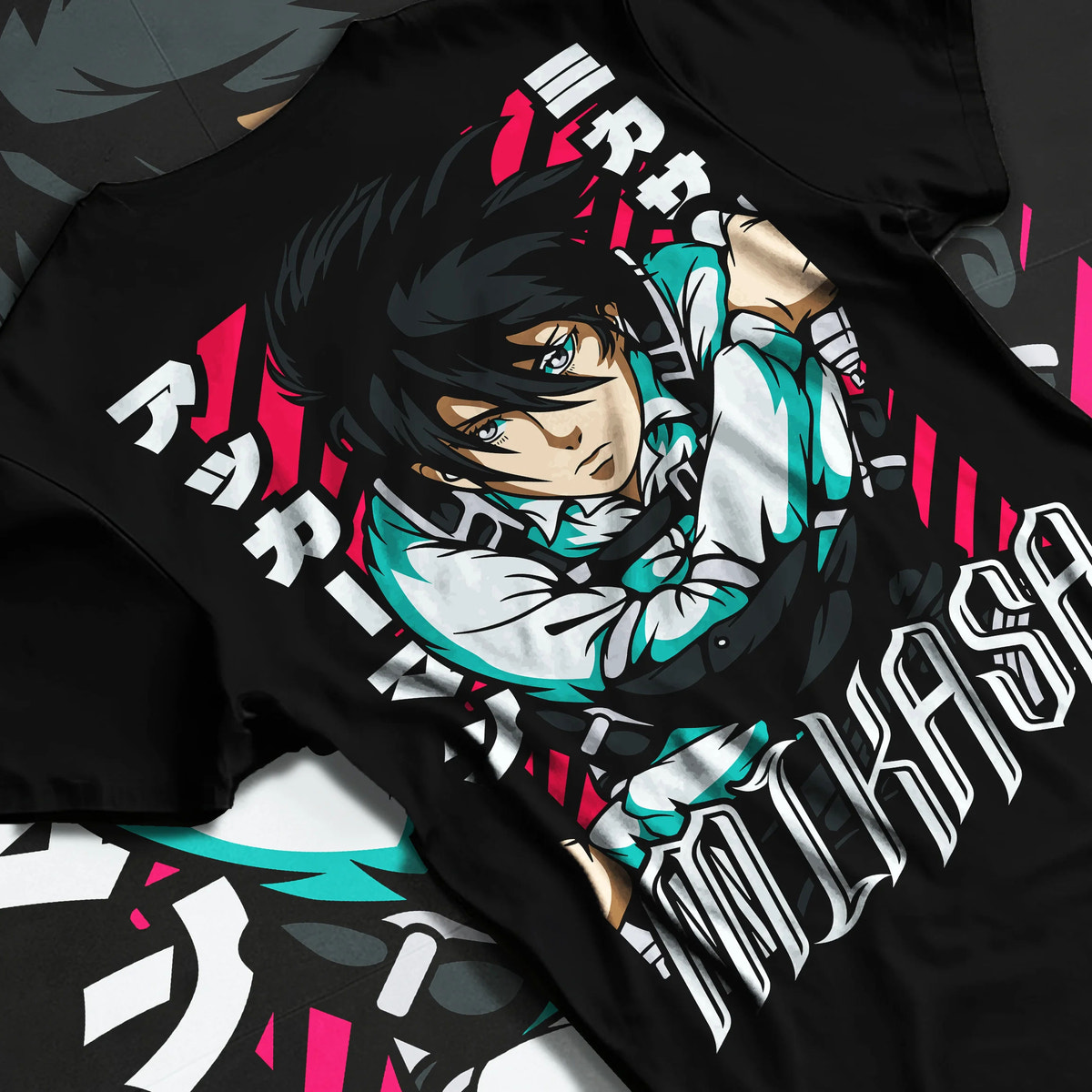 Black T-shirt flat back view showing Mikasa Ackerman from Attack on Titan: action portrait