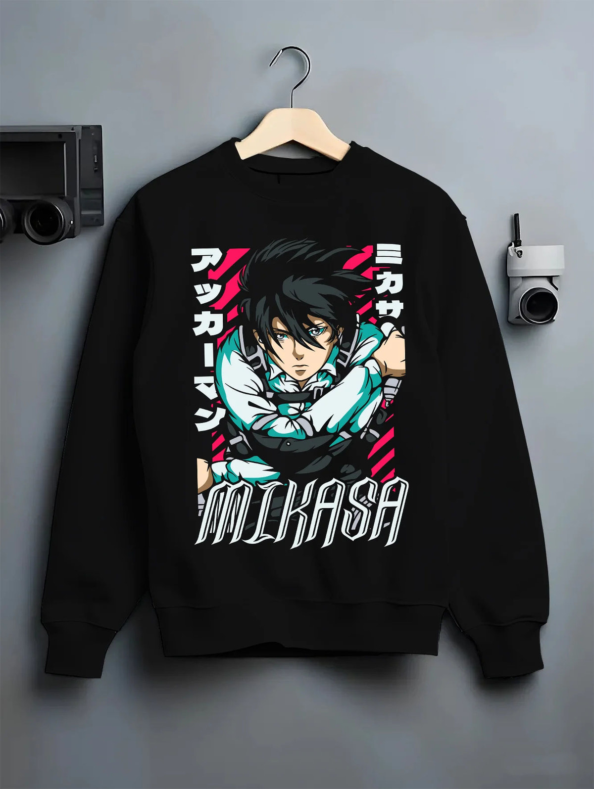 Black crewneck sweatshirt on hanger showing Mikasa Ackerman from Attack on Titan: action portrait